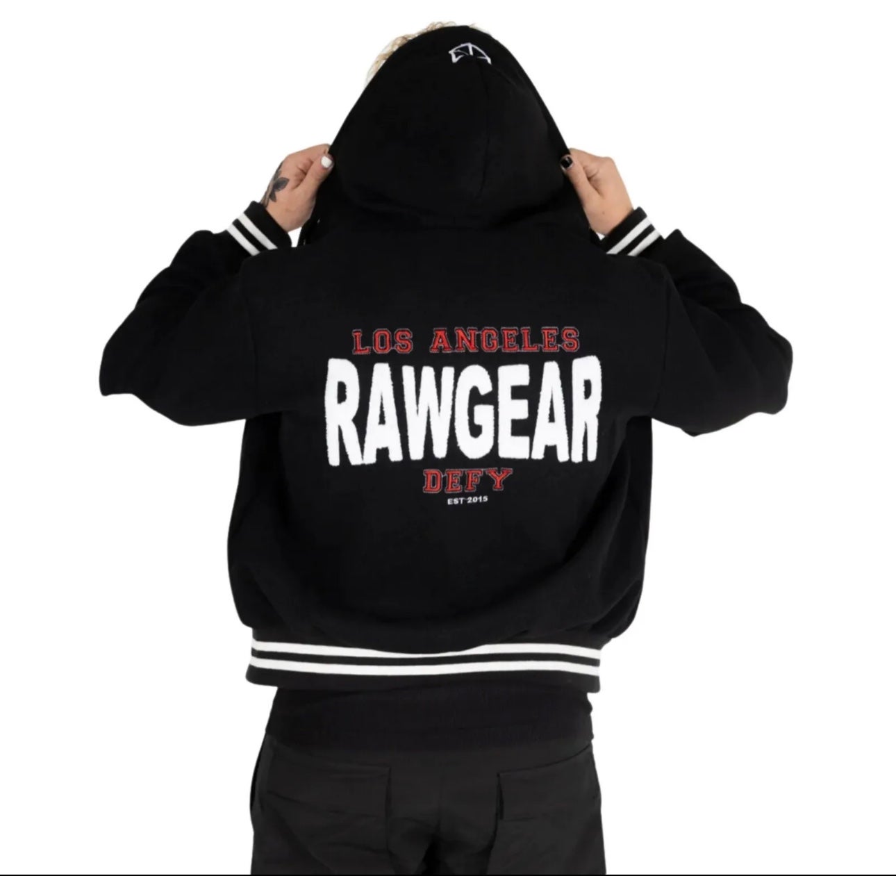 New Size-M LA Rawgear Embroidered Letterman Varsity Jacket / Hoodie Black Defy