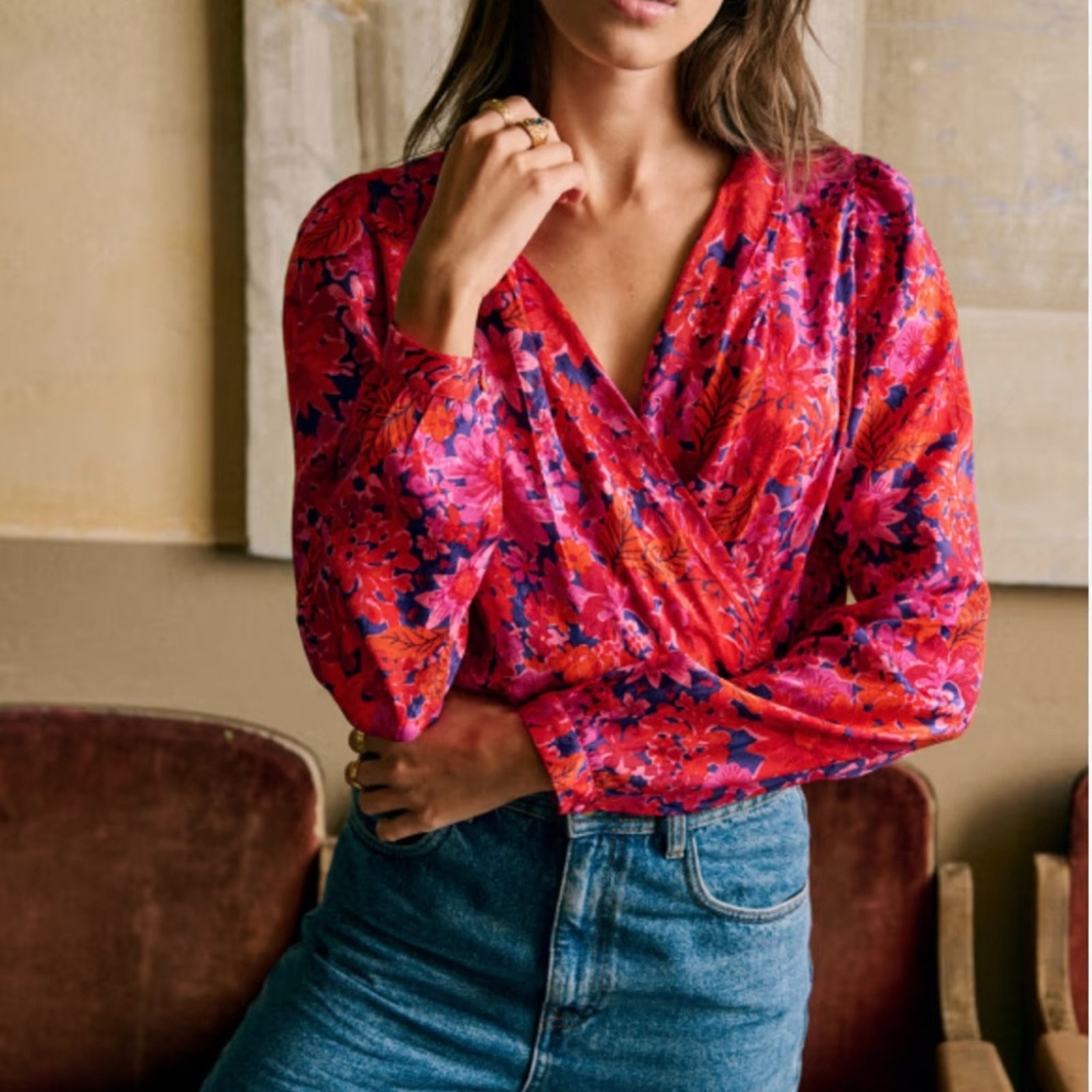 Sezane - NWT women’s Abelia Blouse Fuchsia Floral V-Neck Wrap long sleeve top 10