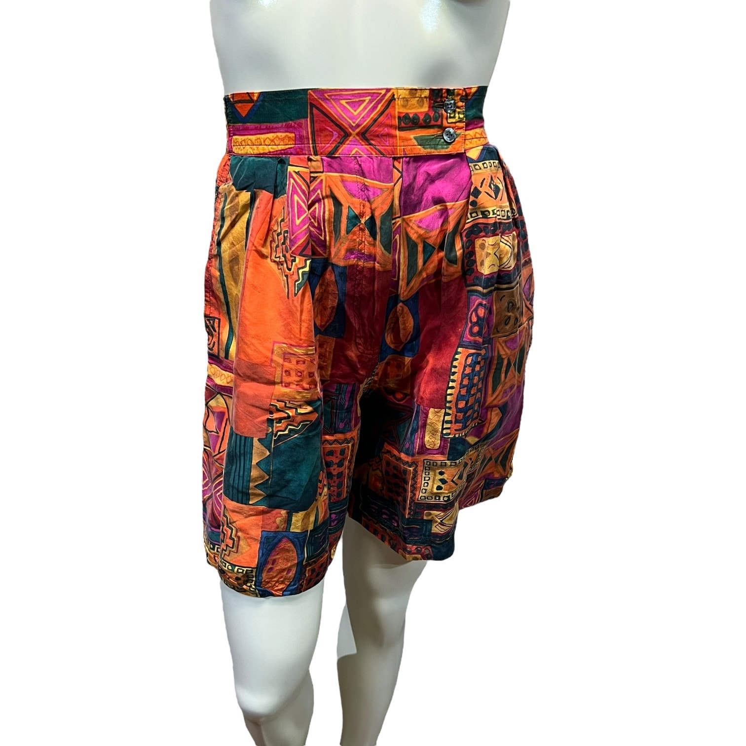 Studio New York 100% Silk High-Waisted Shorts Vintage Abstract Geometric Size S