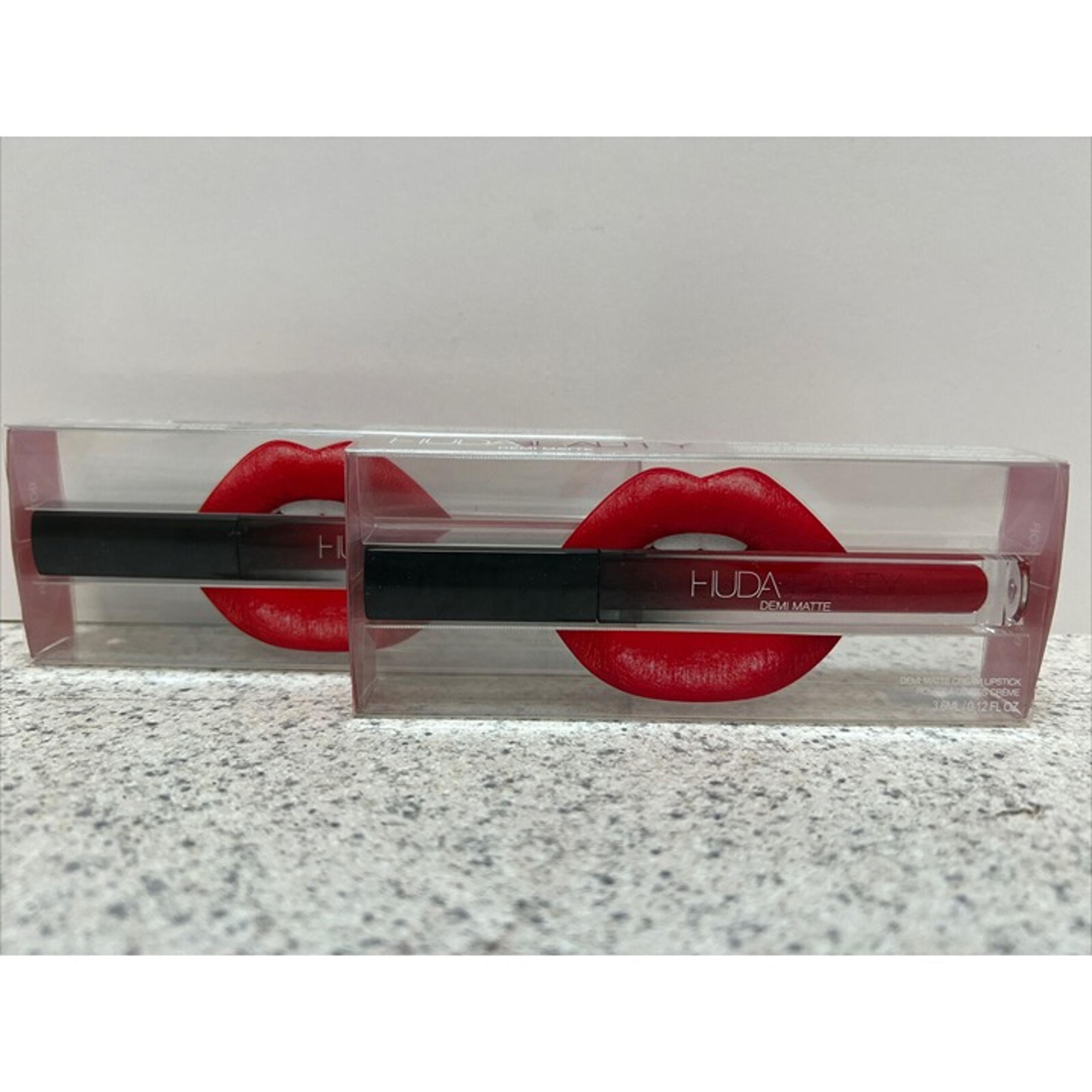 2pc Huda Beauty BNIB Red Satin Demi Matte Cream Liquid Lipstick in Boy Collector