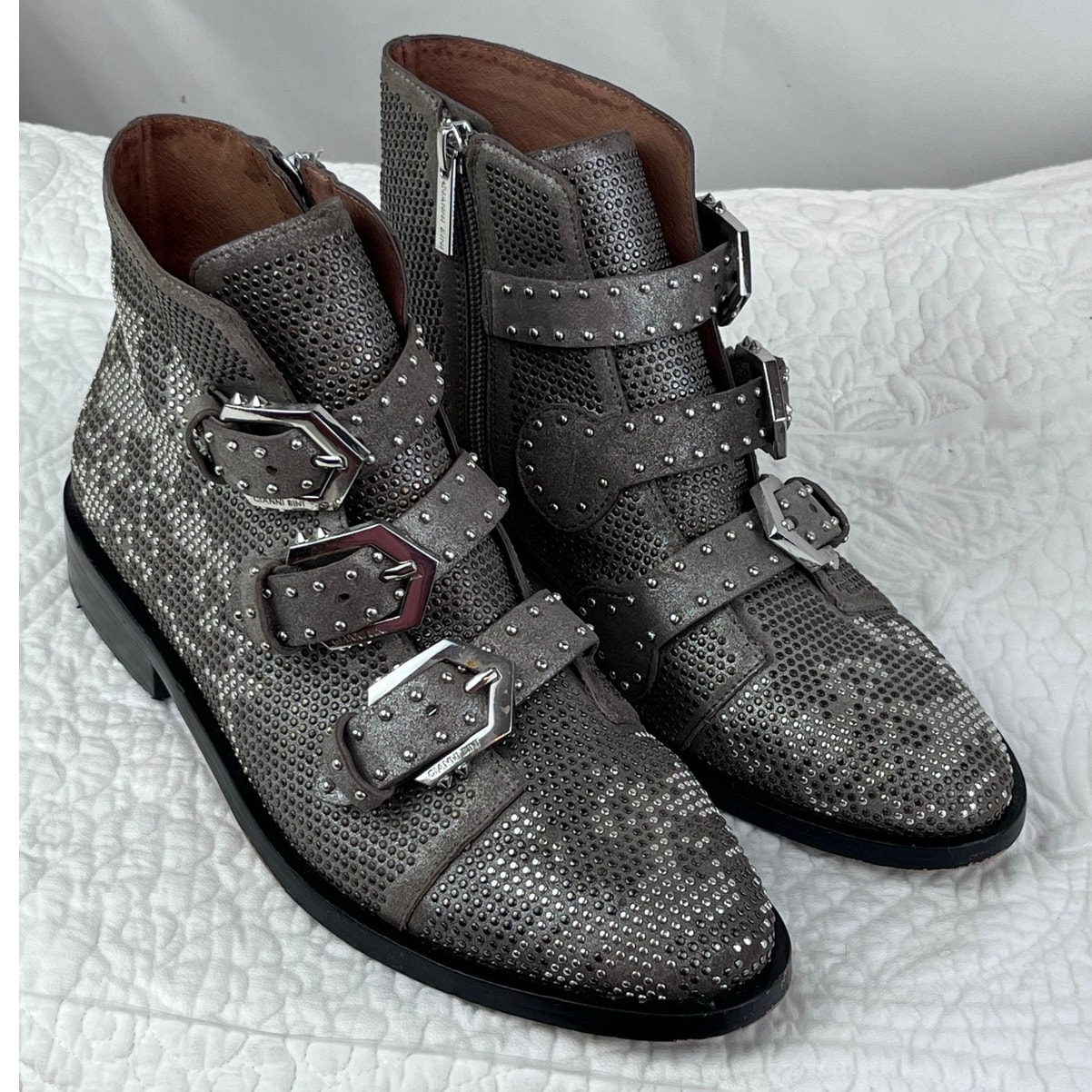 Gianni Bini Women's 7.5 Silver/Gray Harlee Three Buckle Side Zip Studded Booties