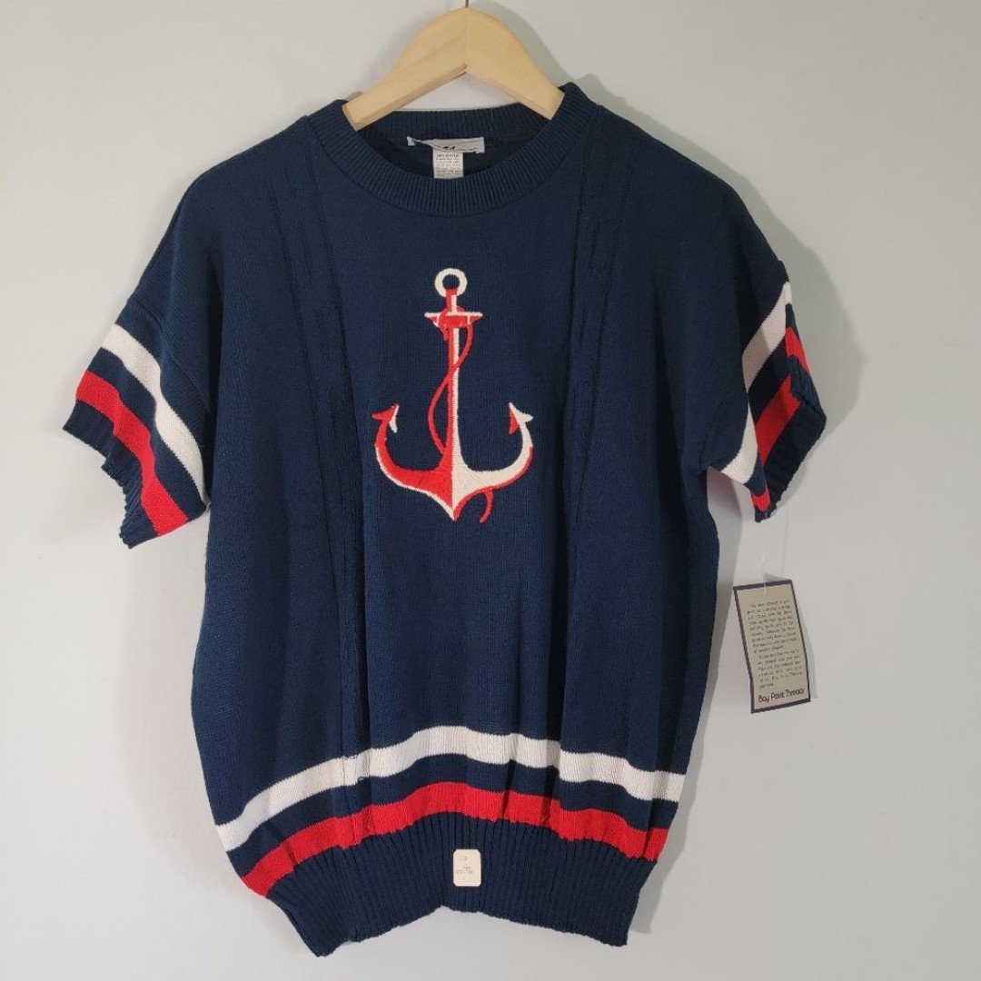 NEW Bay Point Threads Women Black Anchor Nautical Knit Top Sz XL Short Sleeve