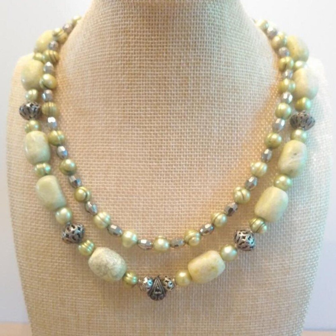 Vintage Double Strand Sterling Silver, Genuine Pearls & Green Stones