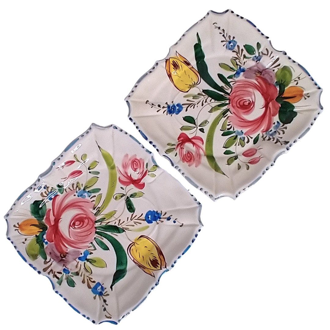 Vintage Italian Faïence Nove Rose Floral Square Plates 8 Renaissance Revival