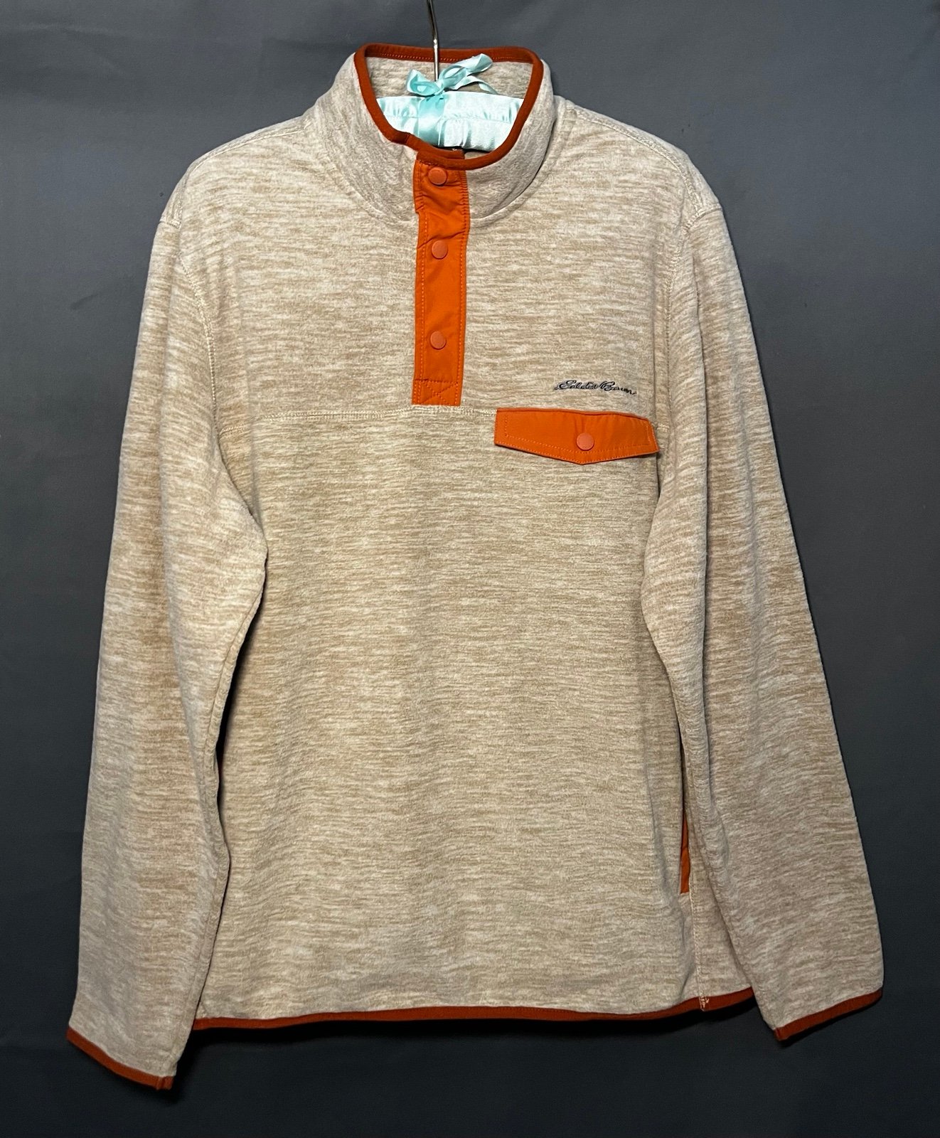 Eddie Bauer 1/4 Snap-T Mock Button Pullover Sweatshirt Mens Beige Orange Fleece