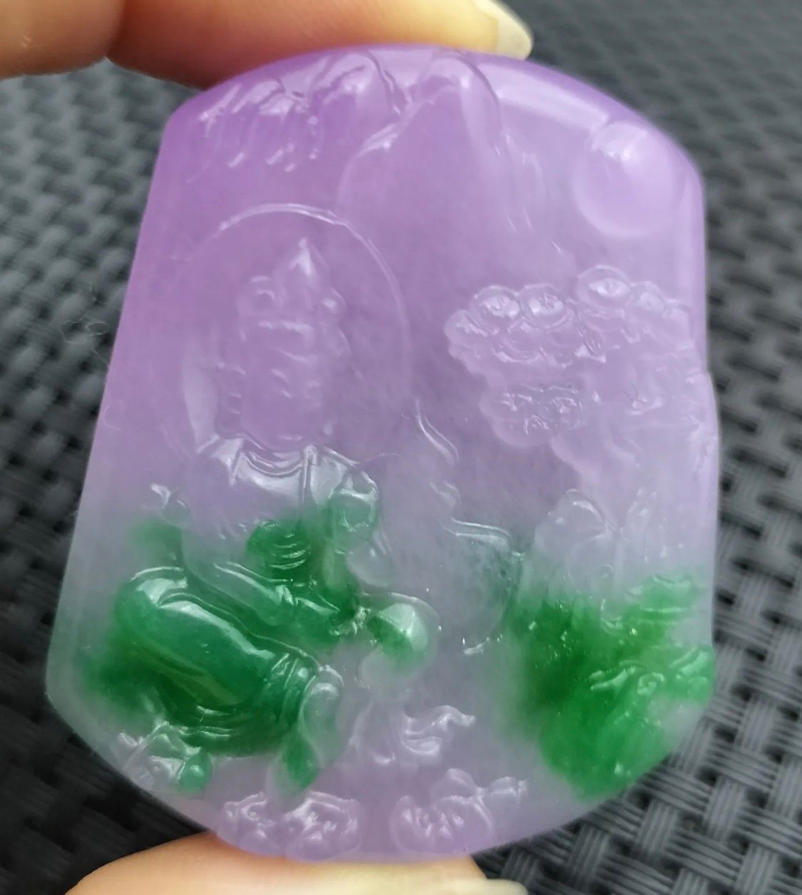 Natural Chinese Icy Green Lavender Natural Jade Carved Guanyin Kwan Yin God Pend