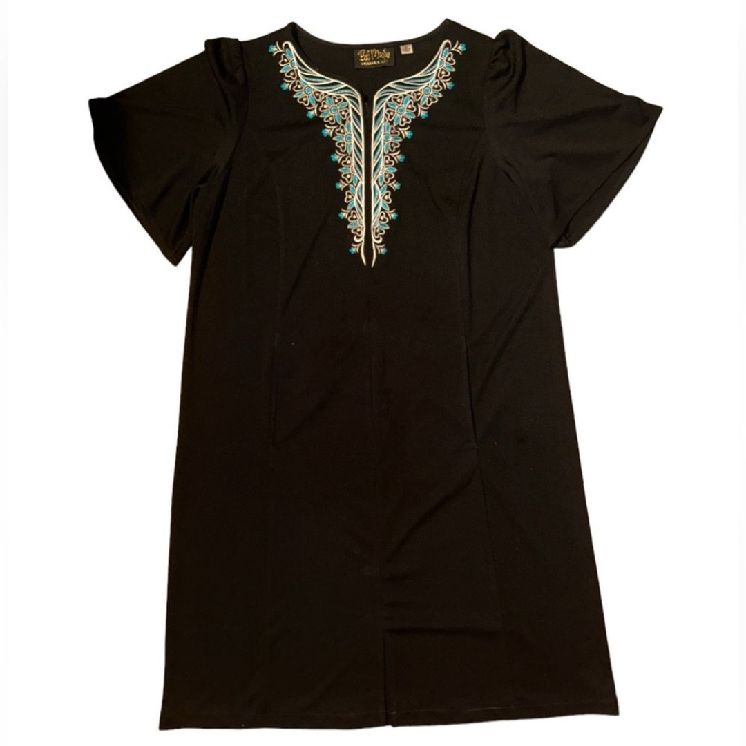 BOB MACKIE Wearable Art Embroidery Short Sleeved Abstract Midi Dress Size M NEW