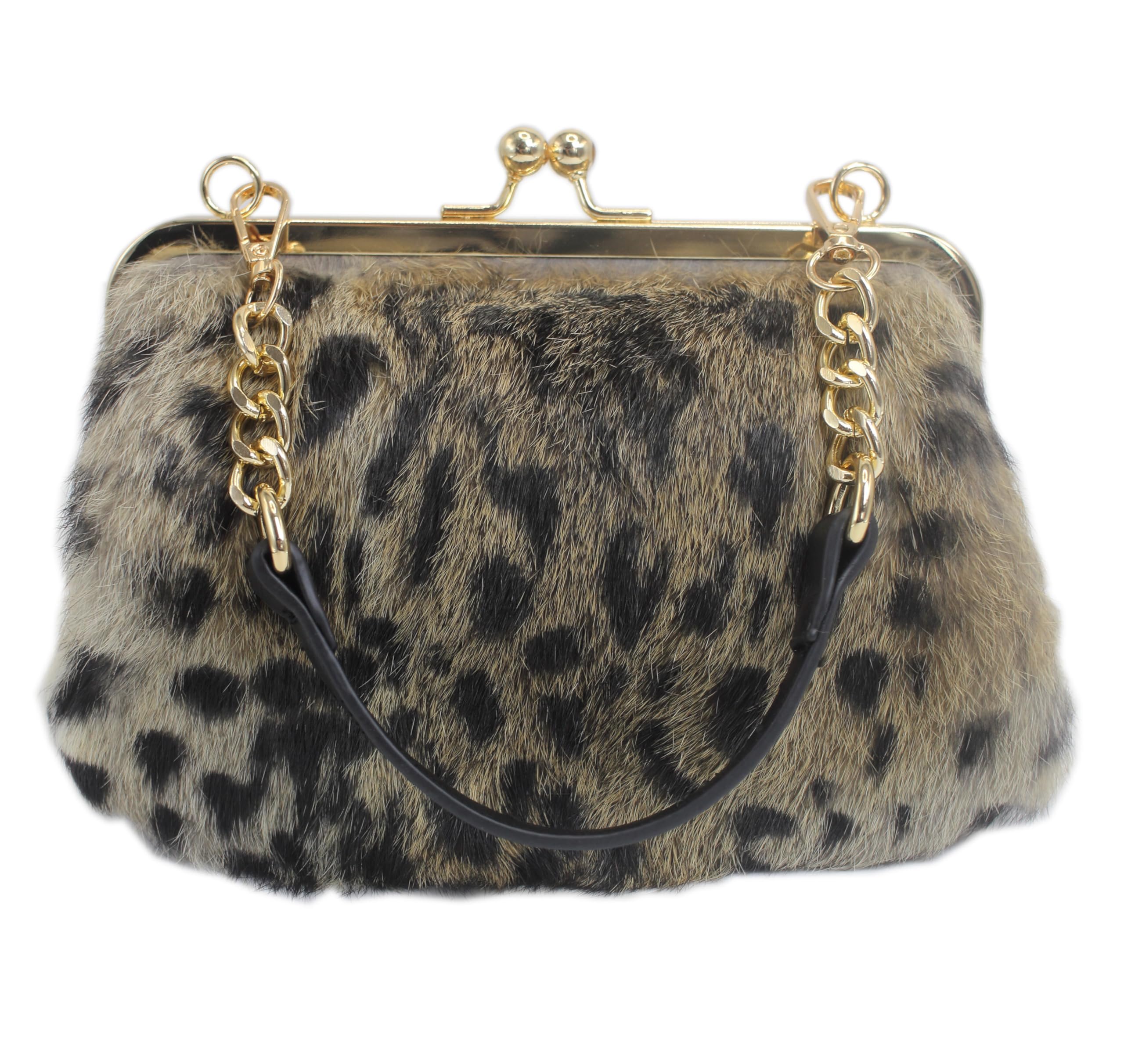 Elegant Leopard Print Rex Rabbit Fur Satchel With Interchangeable Straps