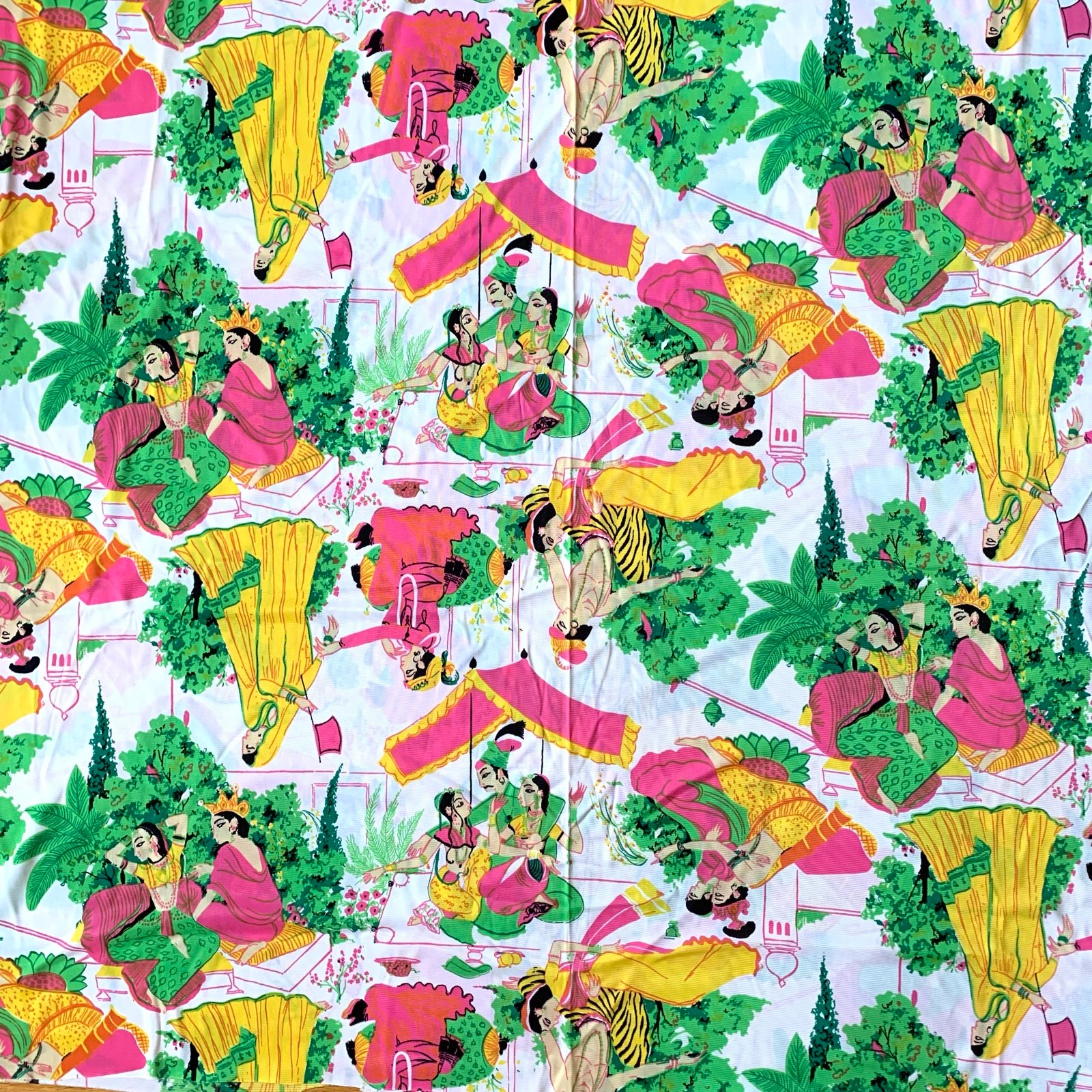 Vintage Polyester Fabric 244 by 44 Brilliant Pink Yellow Green 2 Pieces