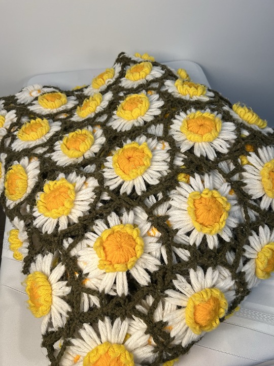 Vintage Crochet 3D Daisy Chain Throw Afghan Scalloped Edges Boho Cottage 68”x60”