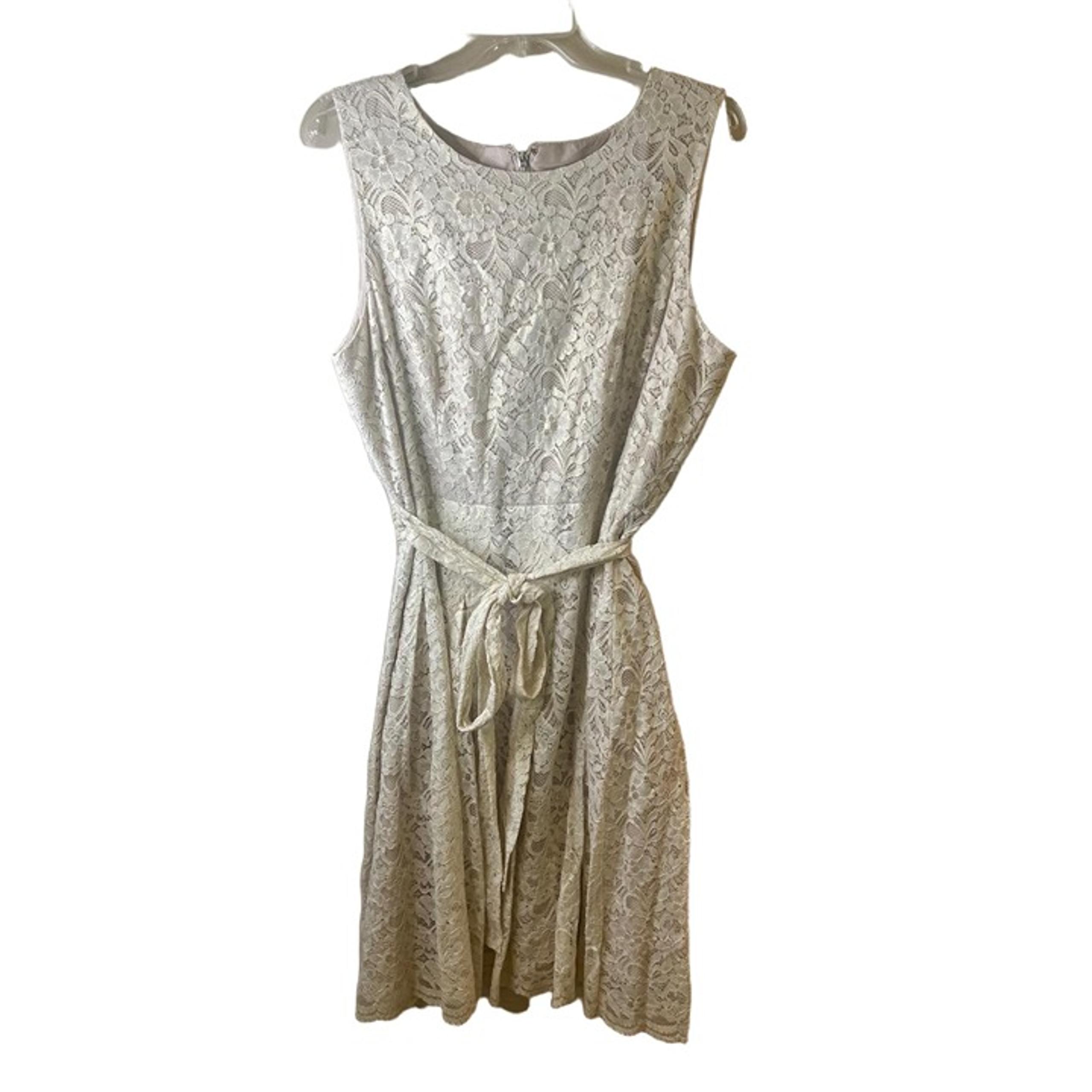 Tommy Hilfiger Off White Gold Shimmer Lace Floral Belted Sleeveless Dress 14