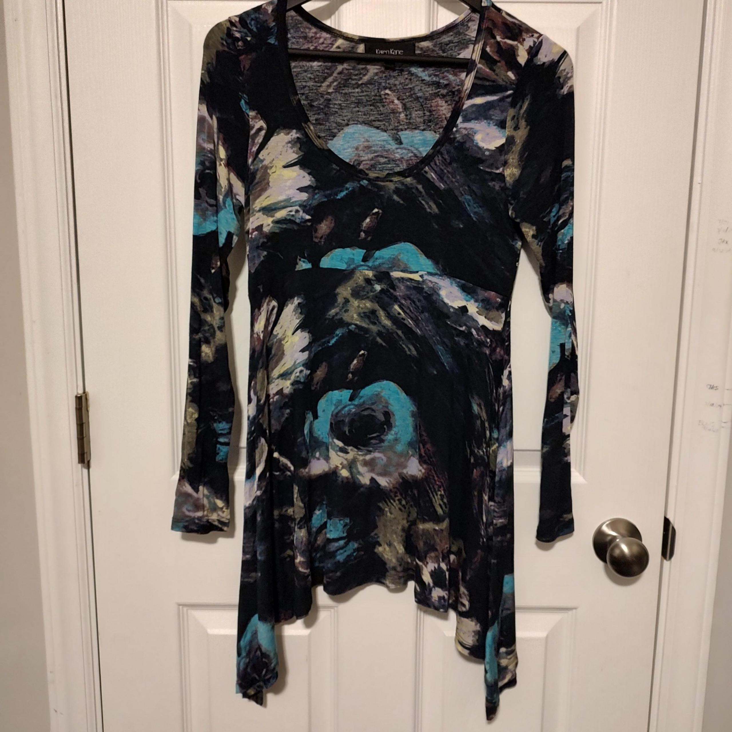 Karen Kane Sz Small Women's Long Sleeve Blouse Flowy Abstract Flowers Blue Prple