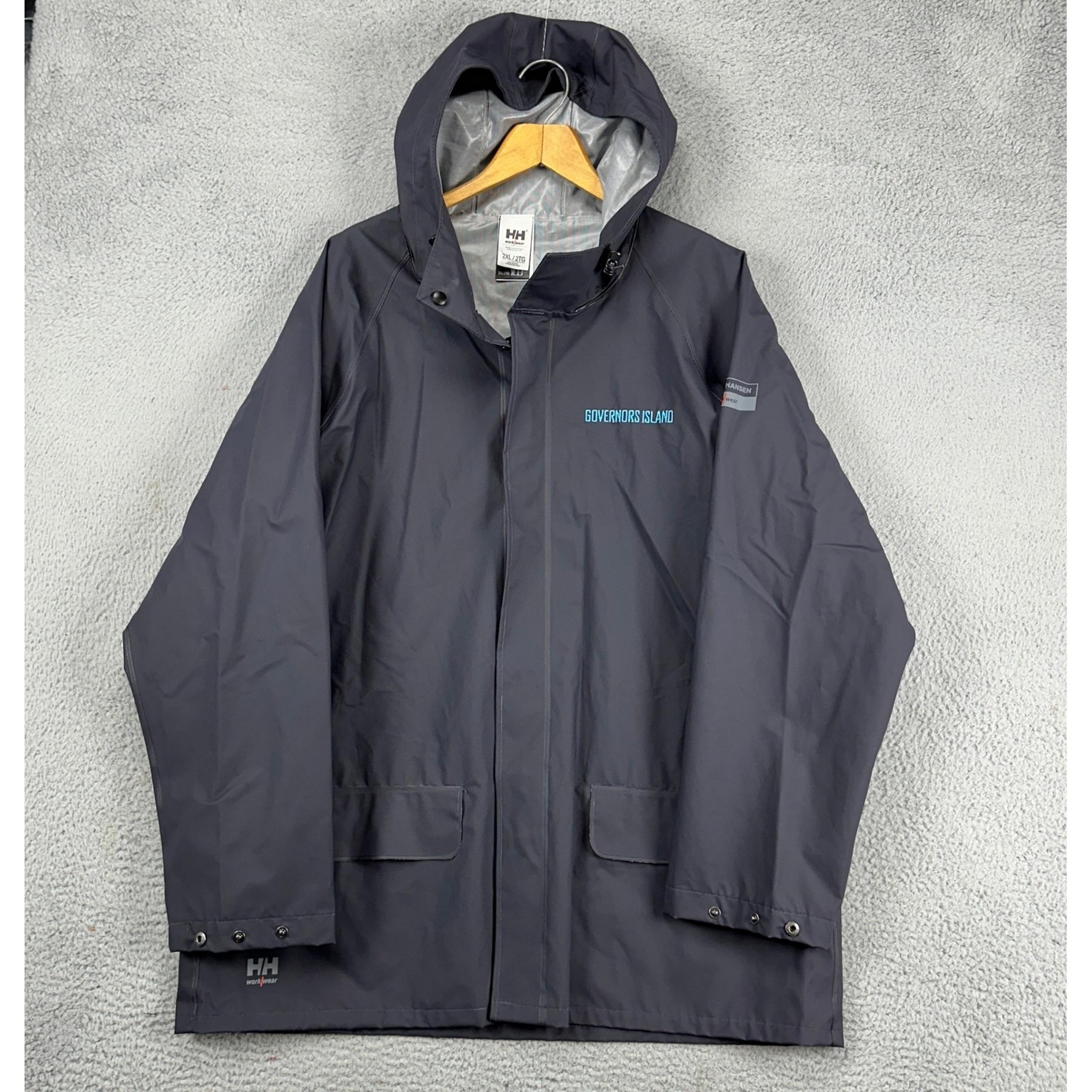Helly Hansen Men Raincoat Jacket 2XL Blue Full Zip Hooded Waterproof Workwear