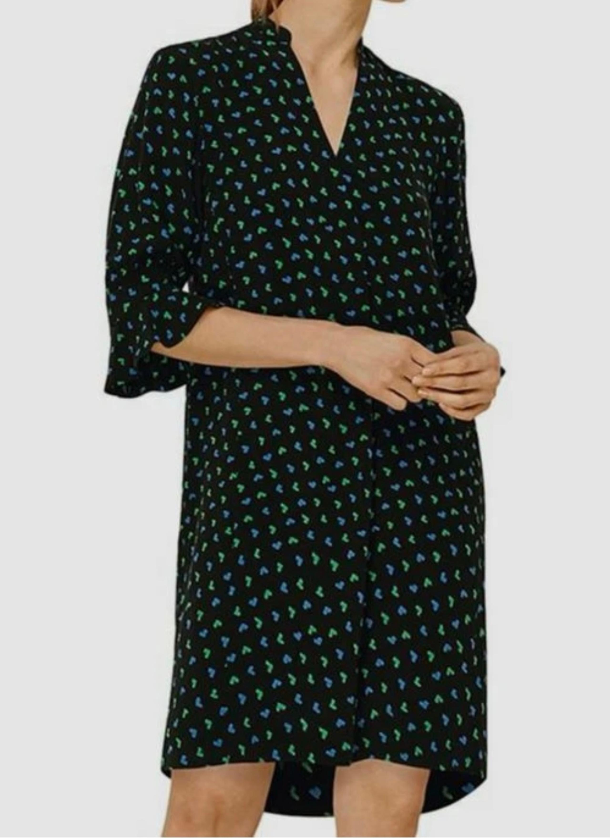Whistles Women's Black Heart Print Ikat Sonia V-Neck Shift Dress Size M