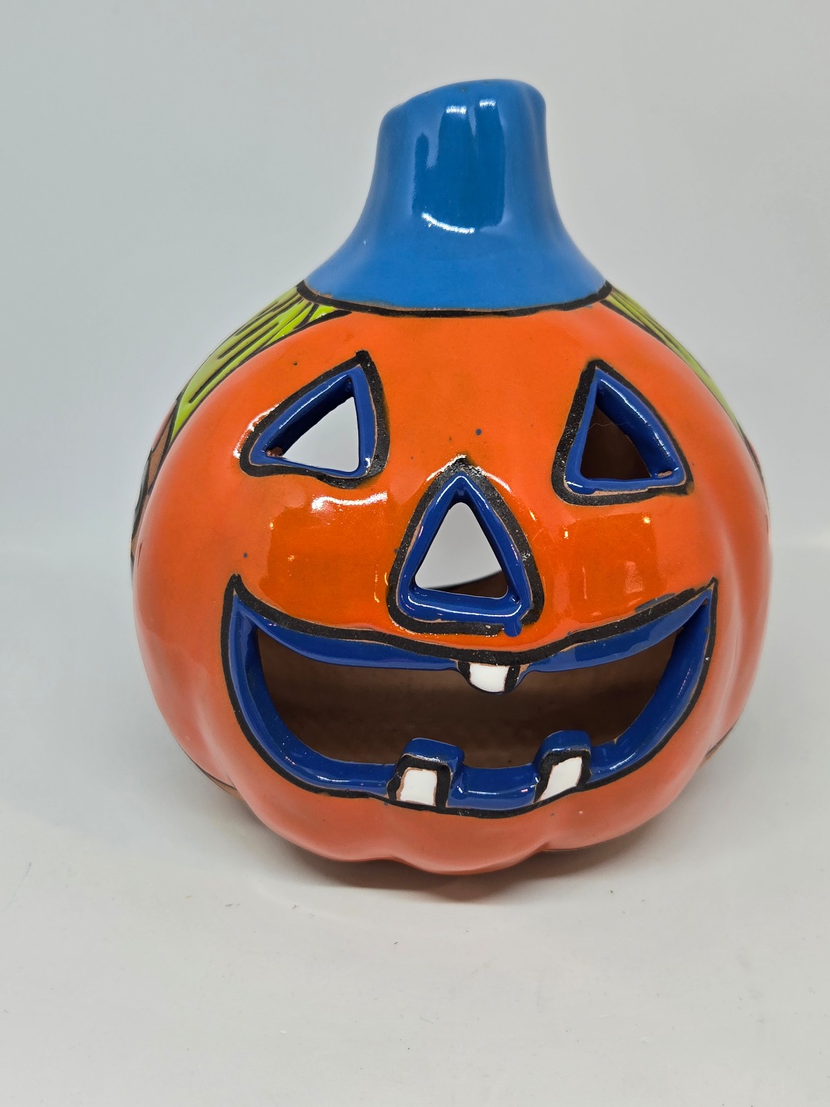 Blue Orange Pottery Pumpkin Jack O Lantern Talavera