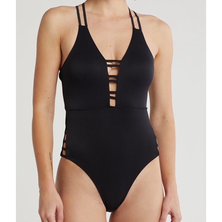Nicole Miller New York Swimsuit One Piece Plunge Cut Out Ribbed One Piece XL