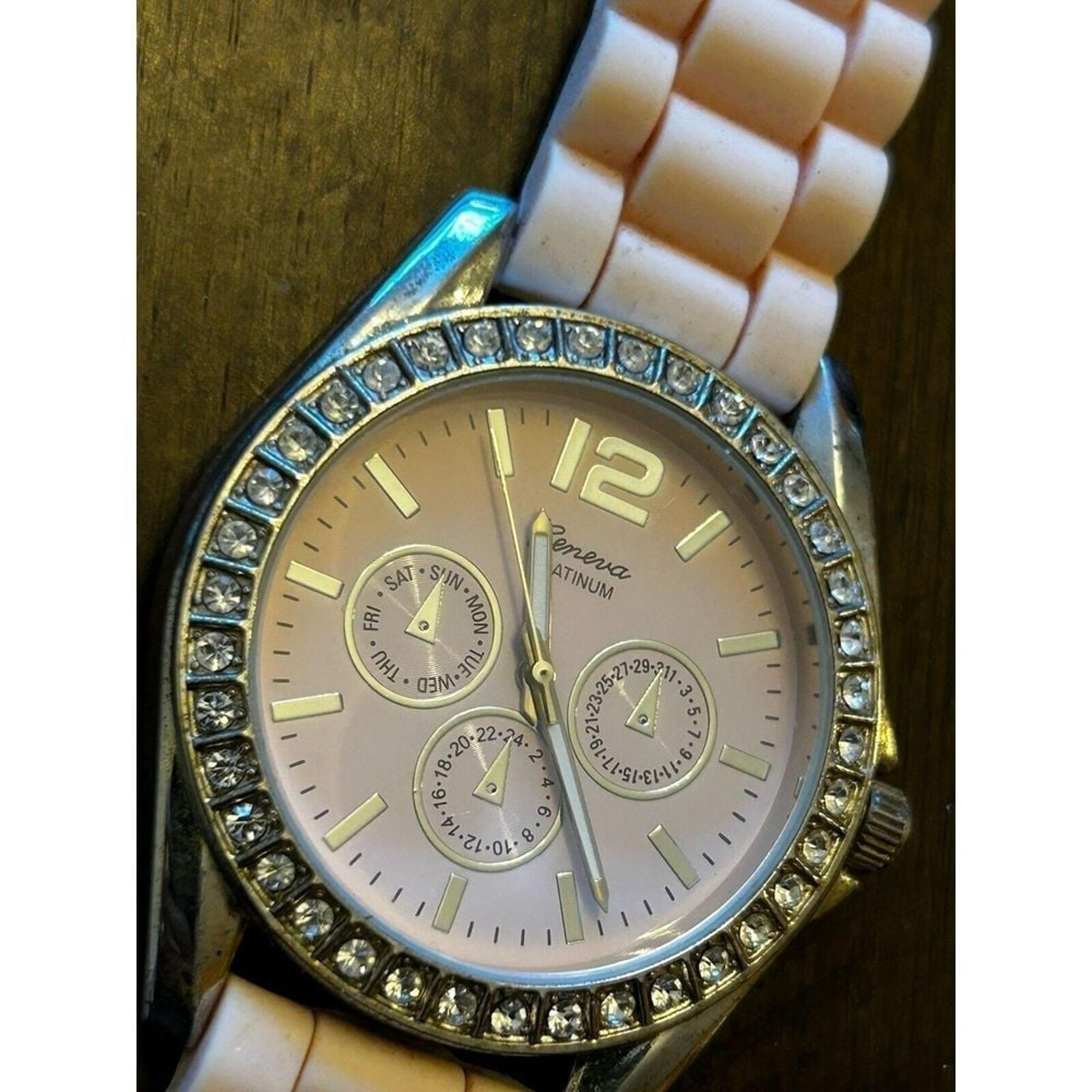 Geneva Pink Dial Round Silver Tone Case Pink Silicone Band Watch