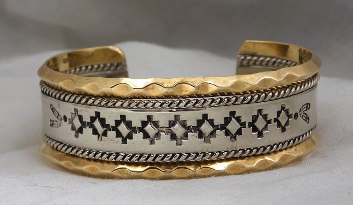 Vintage Navajo JERRY COWBOY- Stamped Sterling Silver & 12K G.F. Cuff Bracelet