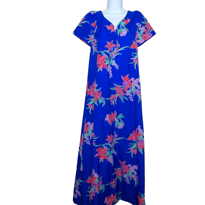 Vintage 70s Hilo Hatties Hawaiian Mumuu Maxi Dress XS Blue Tropical Floral Aloha