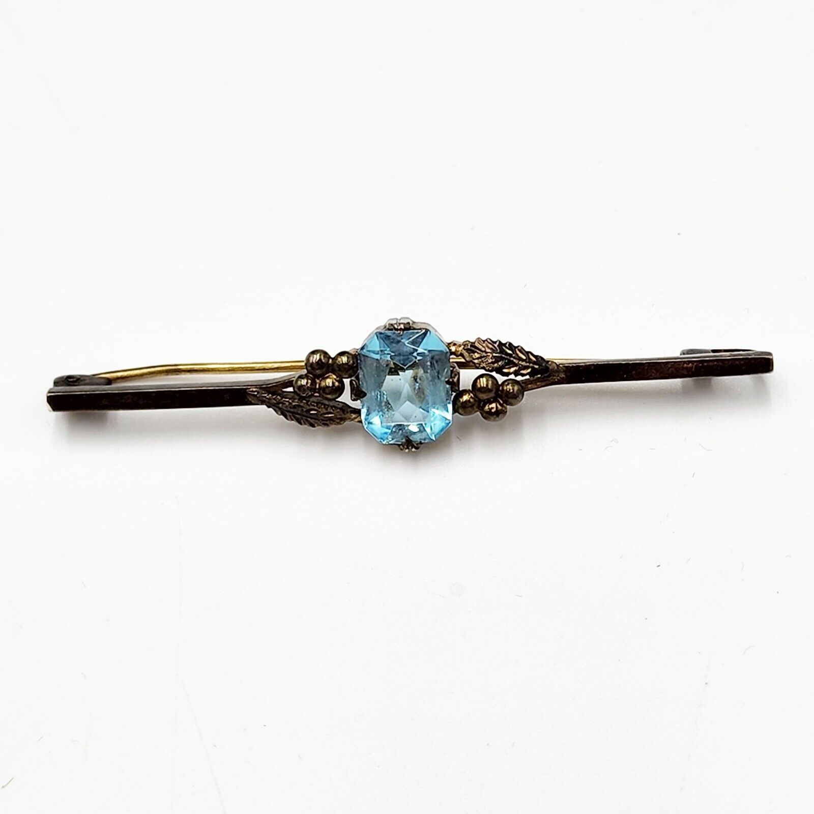 Antique Vintage Vermeil Sterling Silver Blue Glass Bar Brooch Leaves Berries