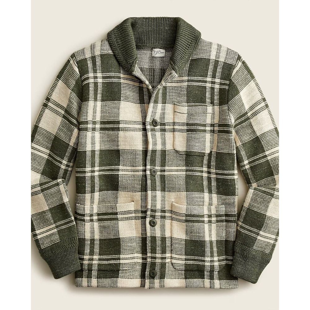 J. CREW Men's Cotton Knit Chore Jacket Sweater Heather Cool Cypress Plaid L NWT