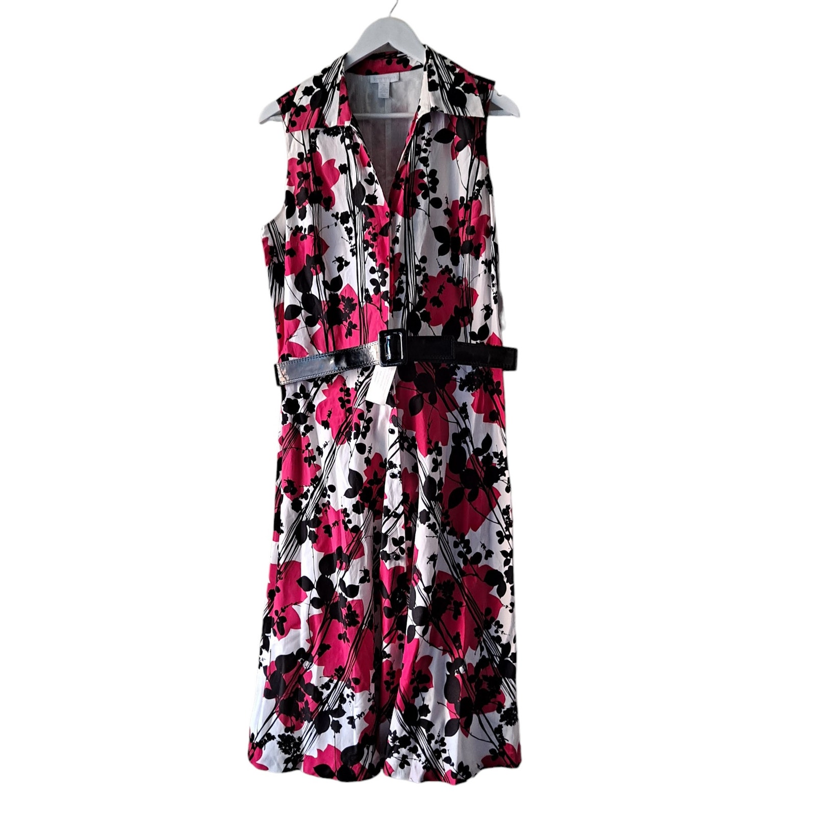 Charter Club White Pink & Black Sleeveless Button Down Floral Dress - Size 16