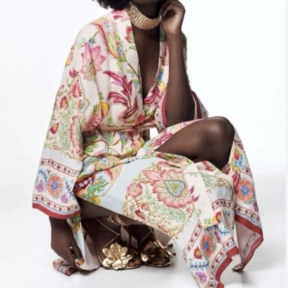 Zara Floral pink Printed Long Kimono Robe Belted Side Slits Fully Lined Size XXL