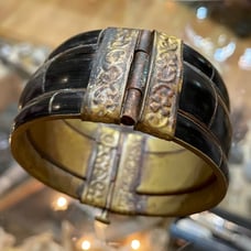 Antique Chunky Bangle Bracelet Brass and Wood in Black