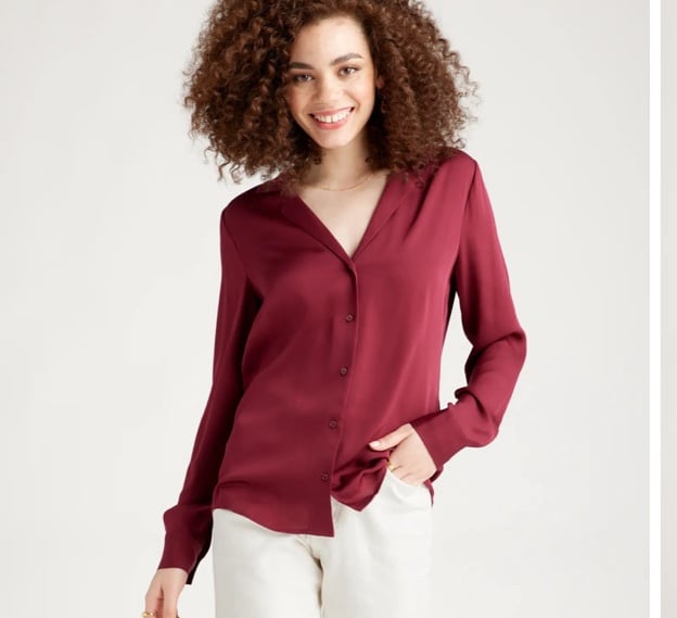 Quince Washable Stretch Silk Notch Collar Blouse burgandy XS