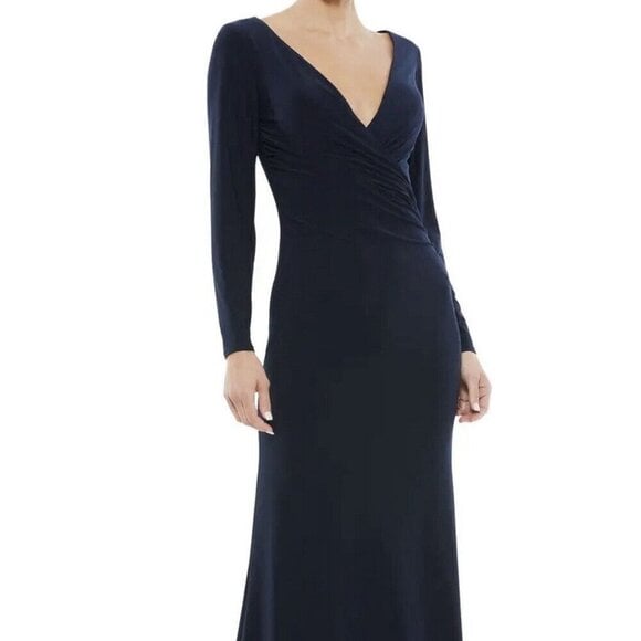 Mac Duggal Midnight Blue Long Sleeve Jersey Sheath Gown