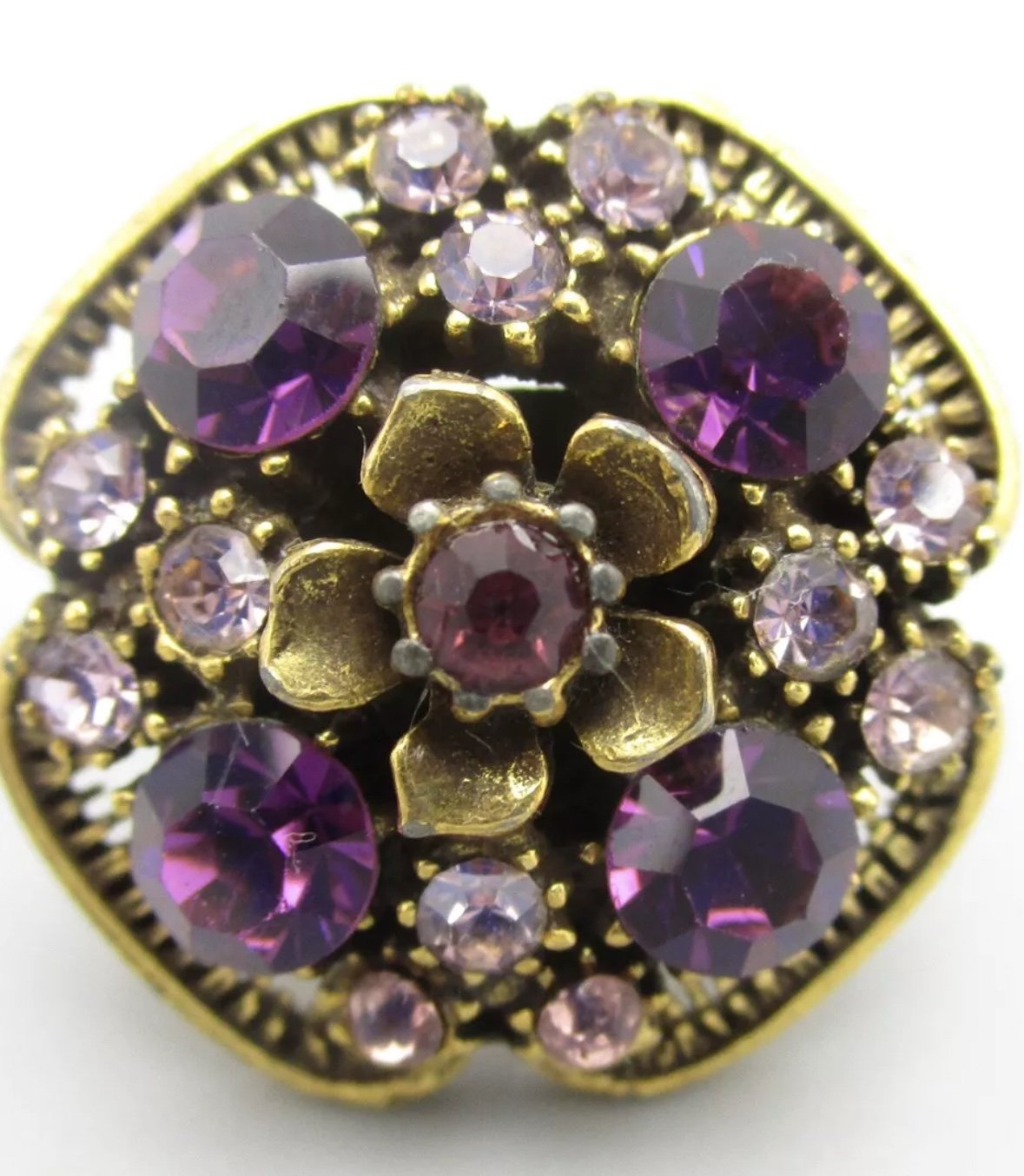 Vintage Florenza Gold Tone Amethyst Rhinestone Cocktail Ring Adjustable