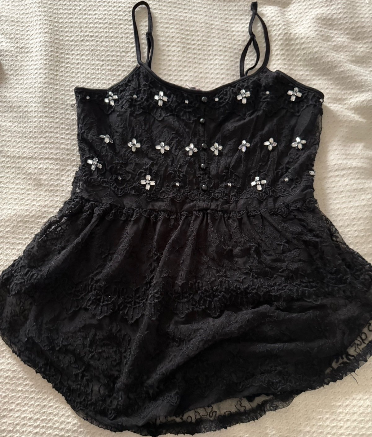 Women’s M Y2K Candies Black lace Babydoll Camisole with beads and rhinestones