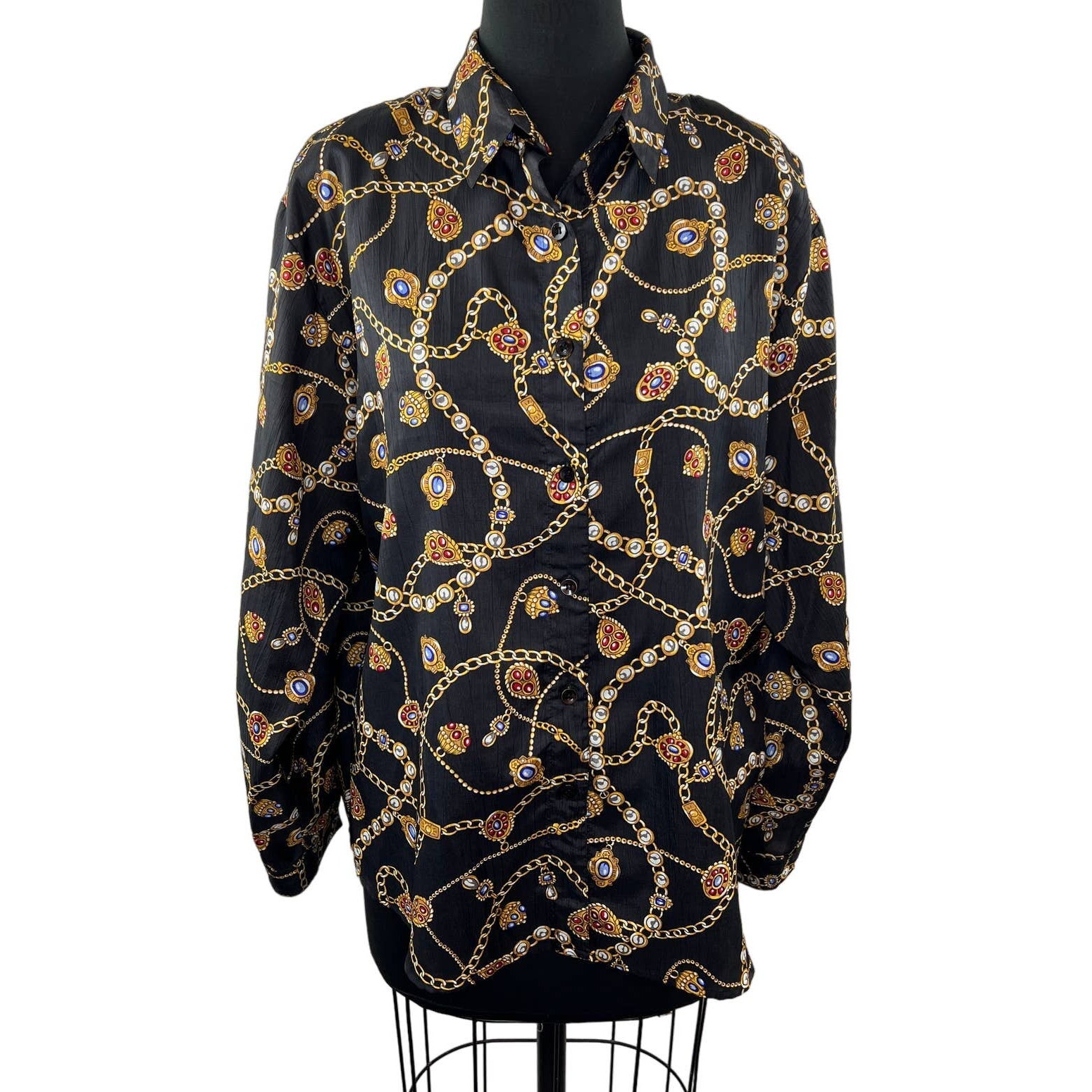 VINTAGE Laura & Jayne Black Multi Chain Baroque Print Button-Up Top VTG Plus 16