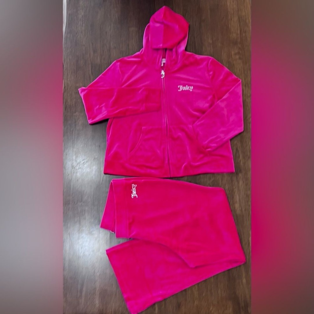 Juicy Couture Velour Tracksuit Top XXL Pant XL Pink Hooded Y2K Athleisure Bling
