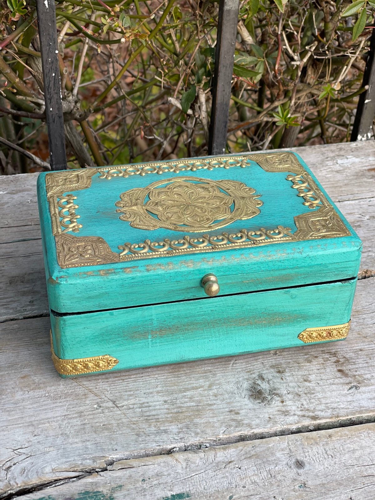 Turquoise blue & gold metal & wood storage box boho decor