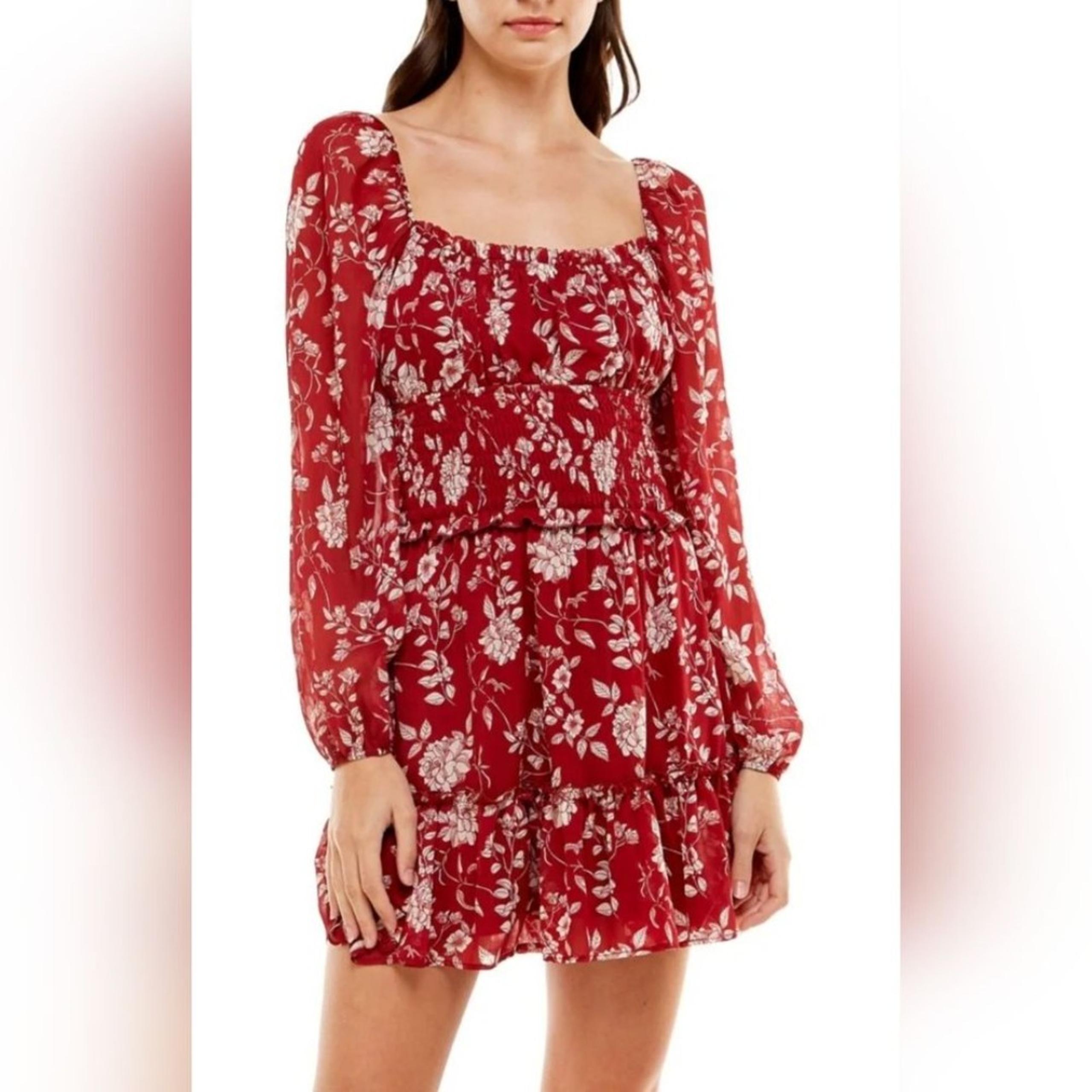 Trixxi Juliette Dress Dark Red Floral Chiffon Mini Smocked Waist Women's Small