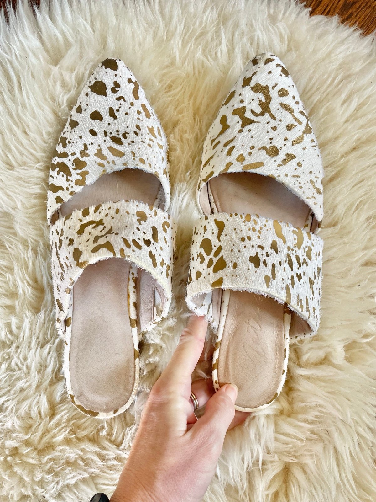 MATISSE berlin slides in gold spot mules calf hair slides
