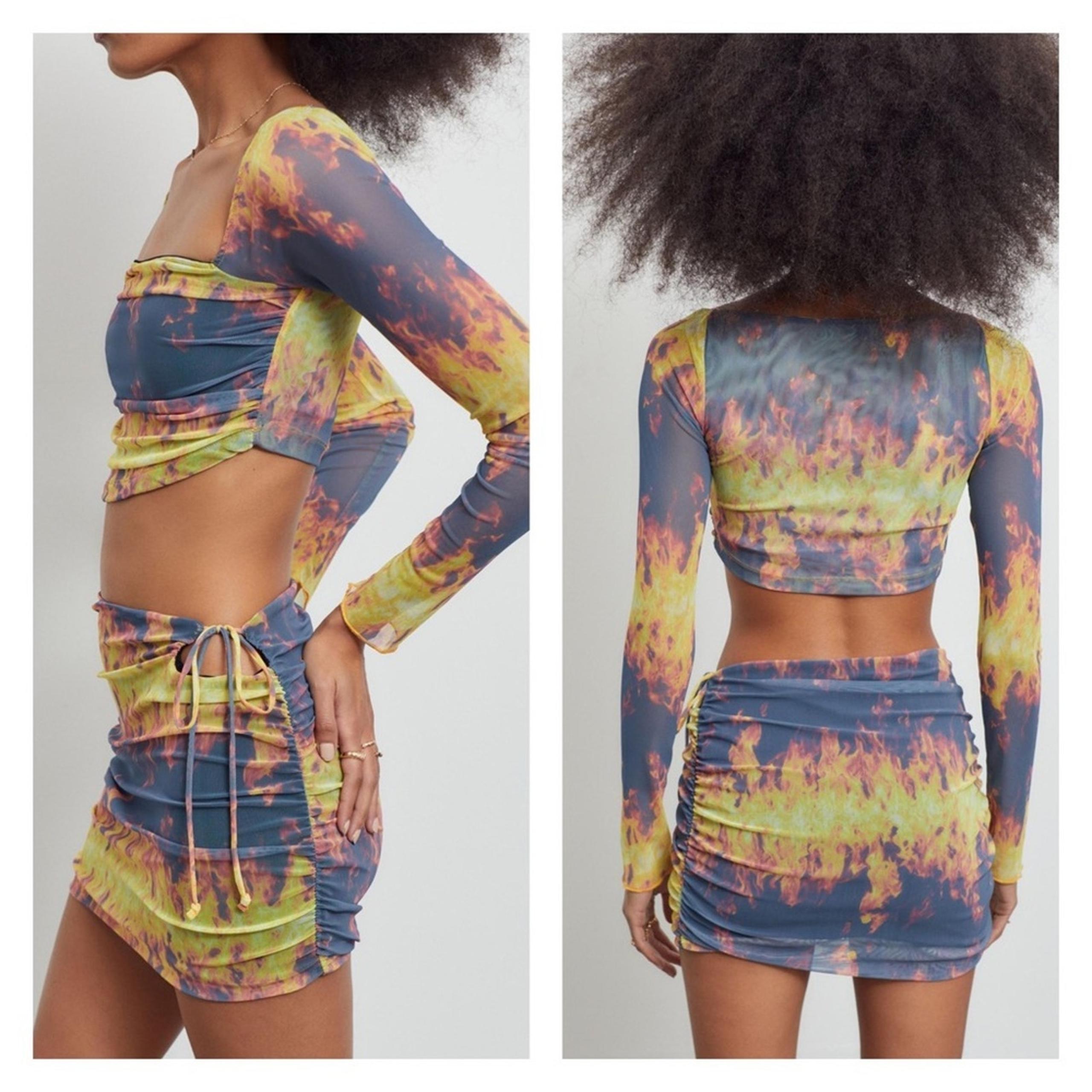 NEW Urban Outfitters Casey Cut Out Mesh Fire Crop Top & Skirt Set XL