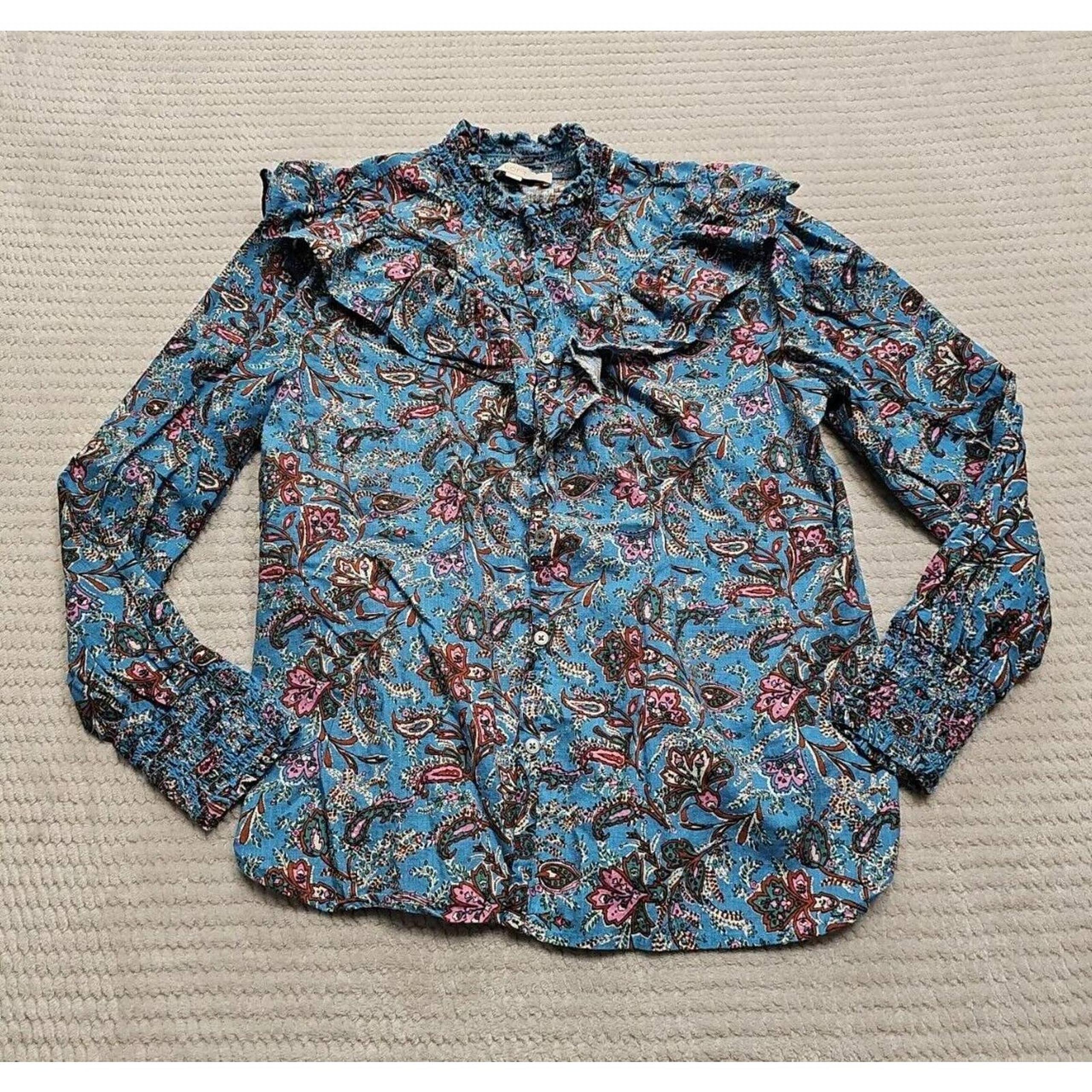 Loft Shirt Womens Large Paisley Print Ruffled Long Sleeve Boho