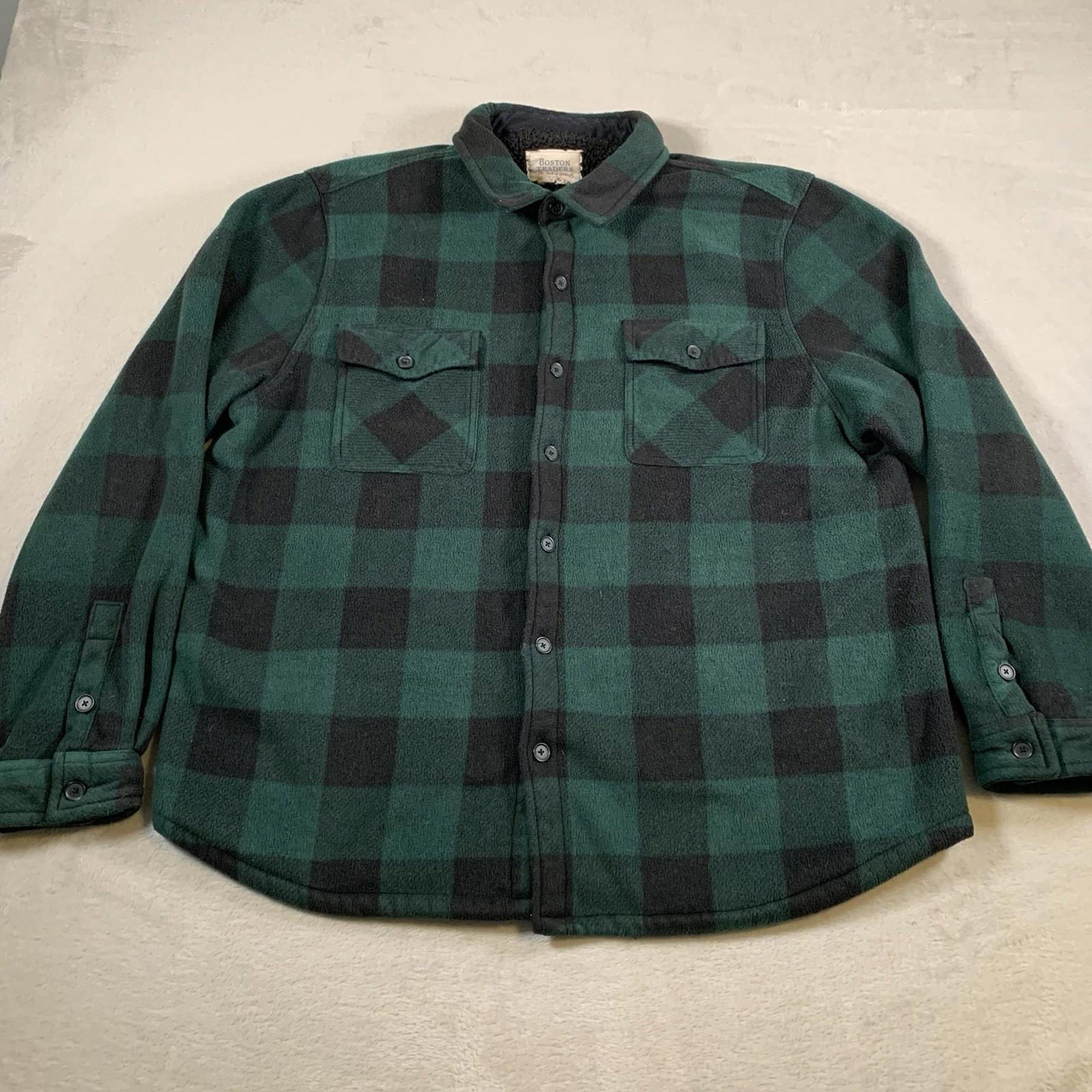 Boston Traders Flannel Jacket Shacket Mens 2XL Sherpa Lined Green Plaid Workwear