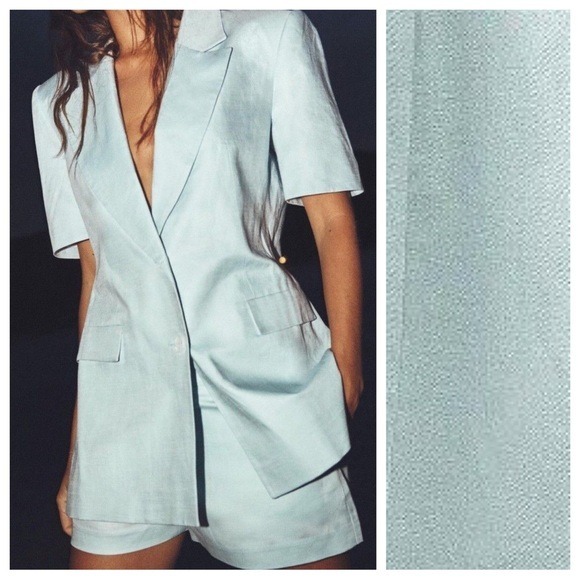 NWT. Zara Light Blue linen Blend Short Sleeves Fitted Blazer. Size XS.
