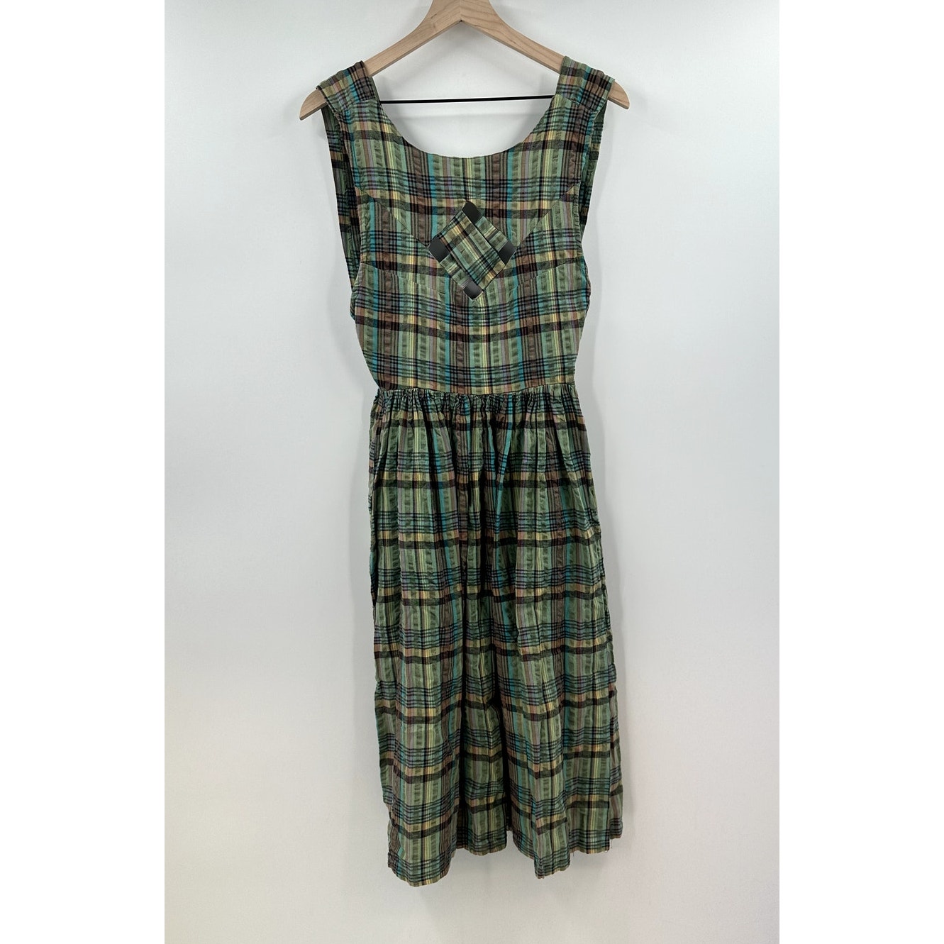 Vintage Tramare Green Plaid Open Back Midi Dress Size Small