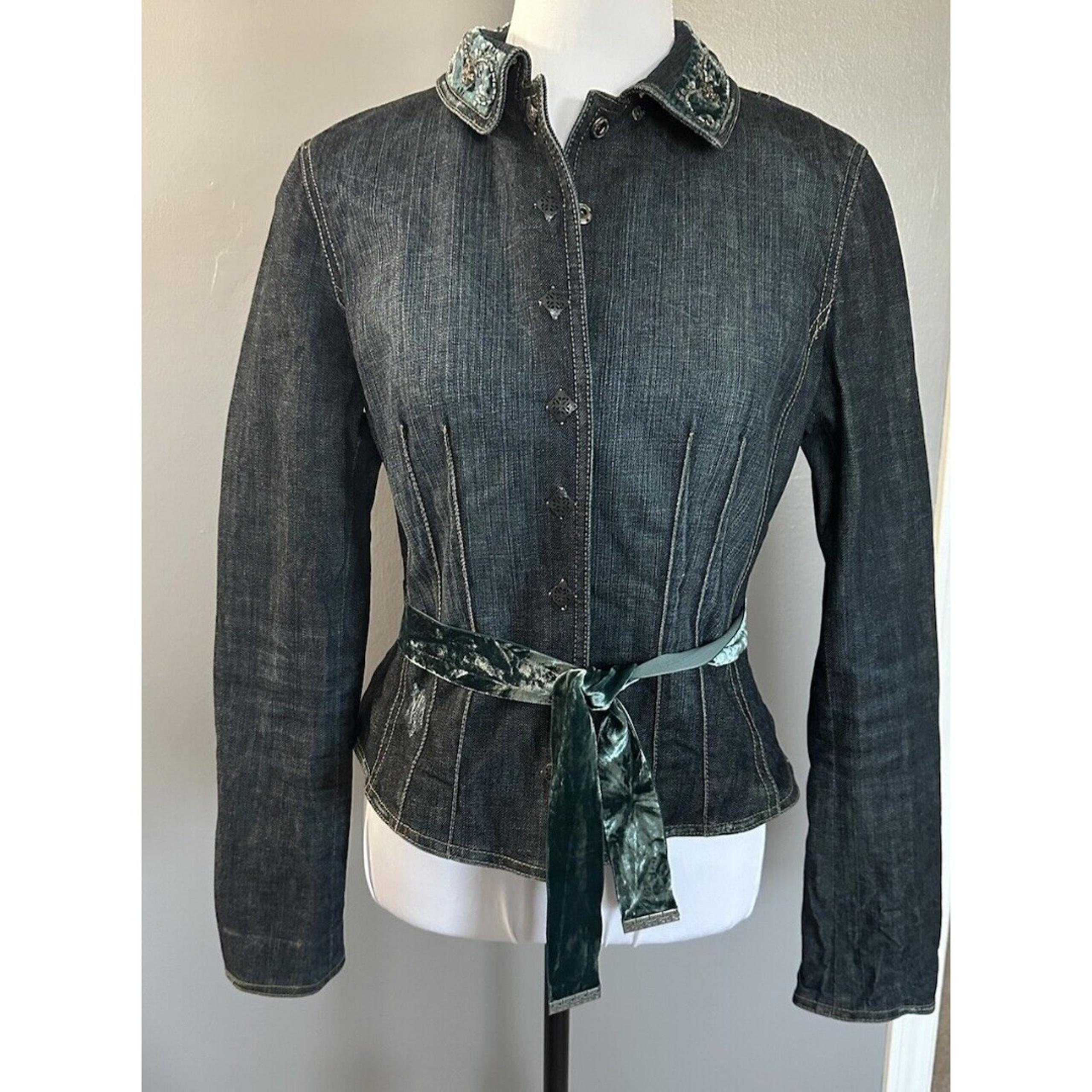 Elie Tahari Women's Dark Blue Denim Jacket Paisley Silk Lined Velvet Trim Coat S