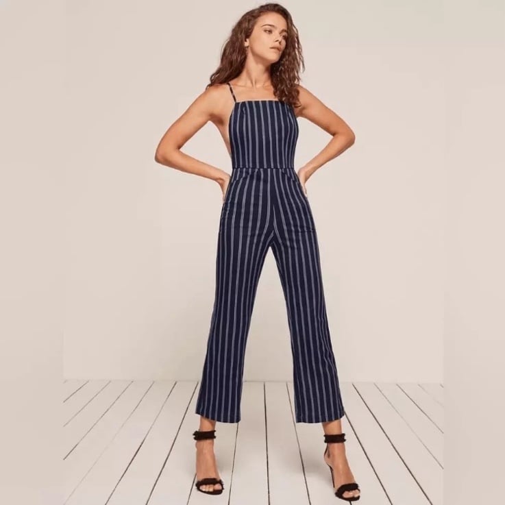 Reformation Guatemala Jumpsuit in Navy stripe, Size 2.