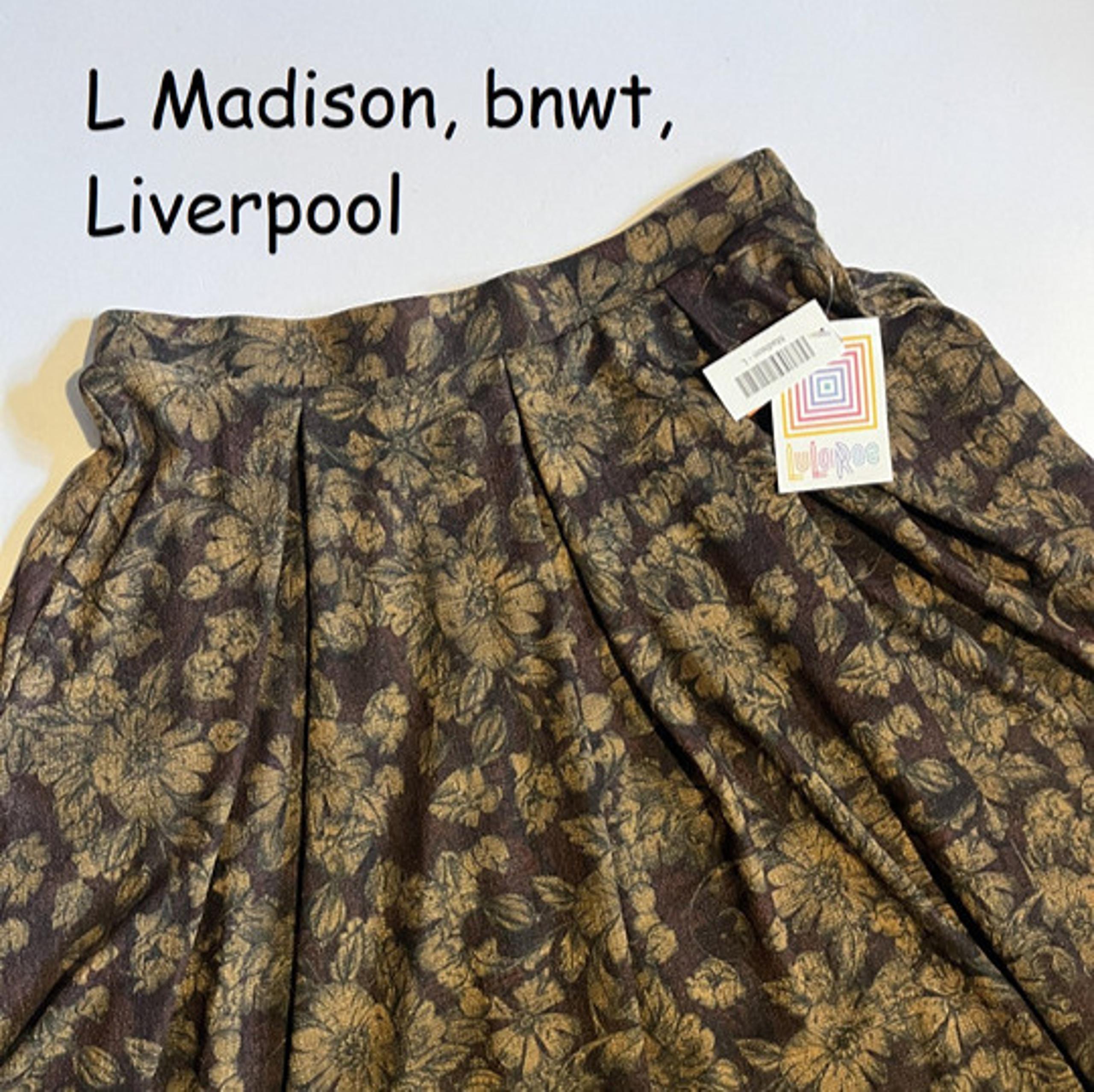 Large Lularoe Madison full skirt, rust with gold flowers, Liverpool fabric