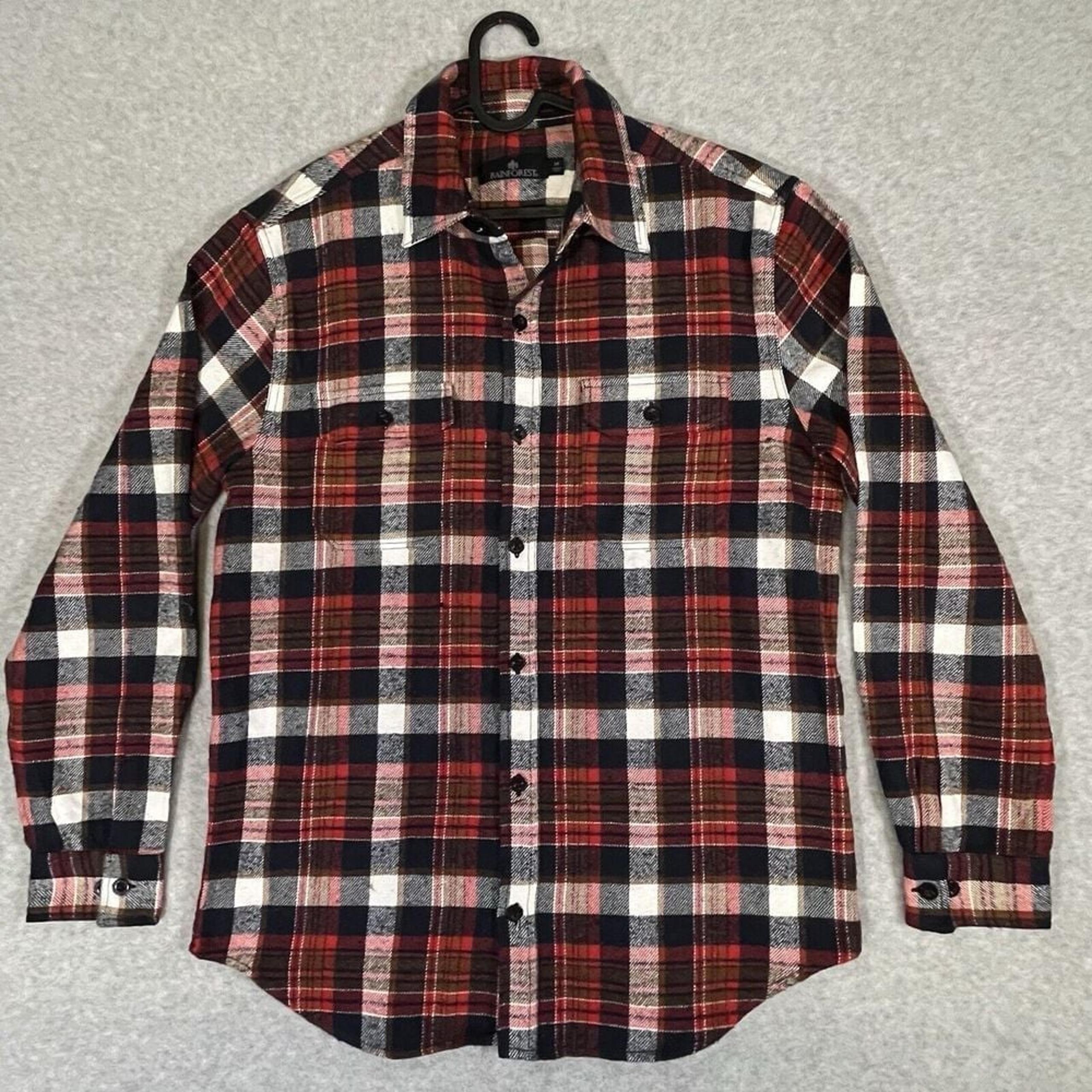 Rainforest Tartan Plaid Flannel M Front Pockets Red Blue Long Sleeves Button Up