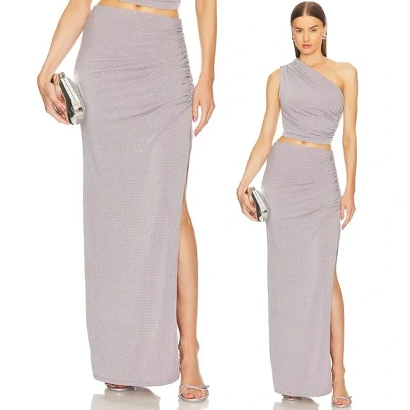 Song of Style Campbell Ruched Crystal Embellished Slit Maxi Skirt in Dove Grey