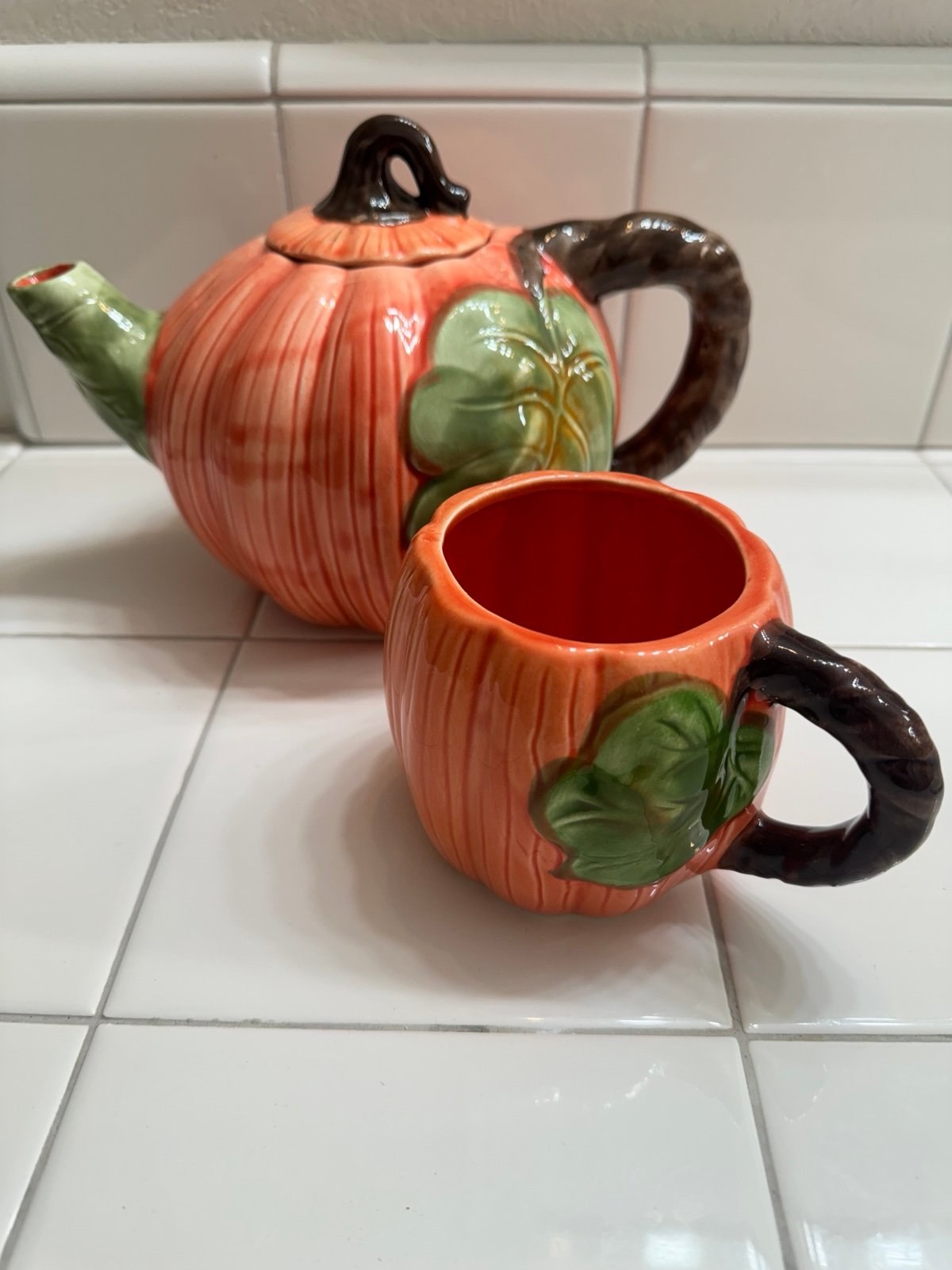 Vintage pumpkin fall teapot tea pot cup mug set home decor