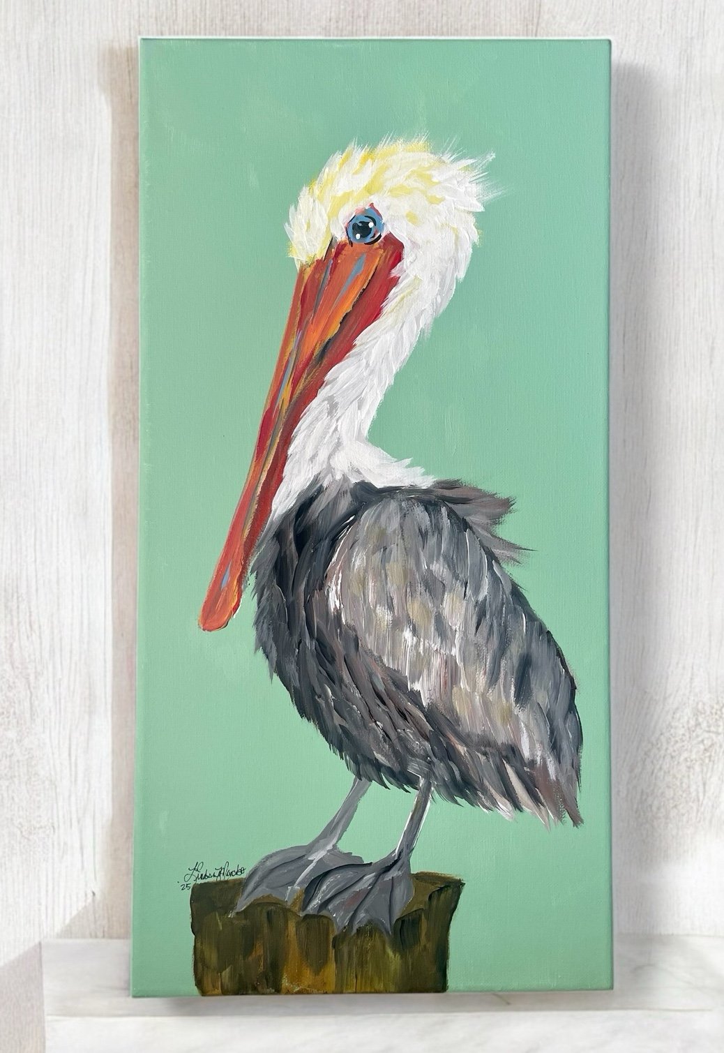 ORIGINAL “Romeo” Pelican painting Hand painted by artist, me! 20”