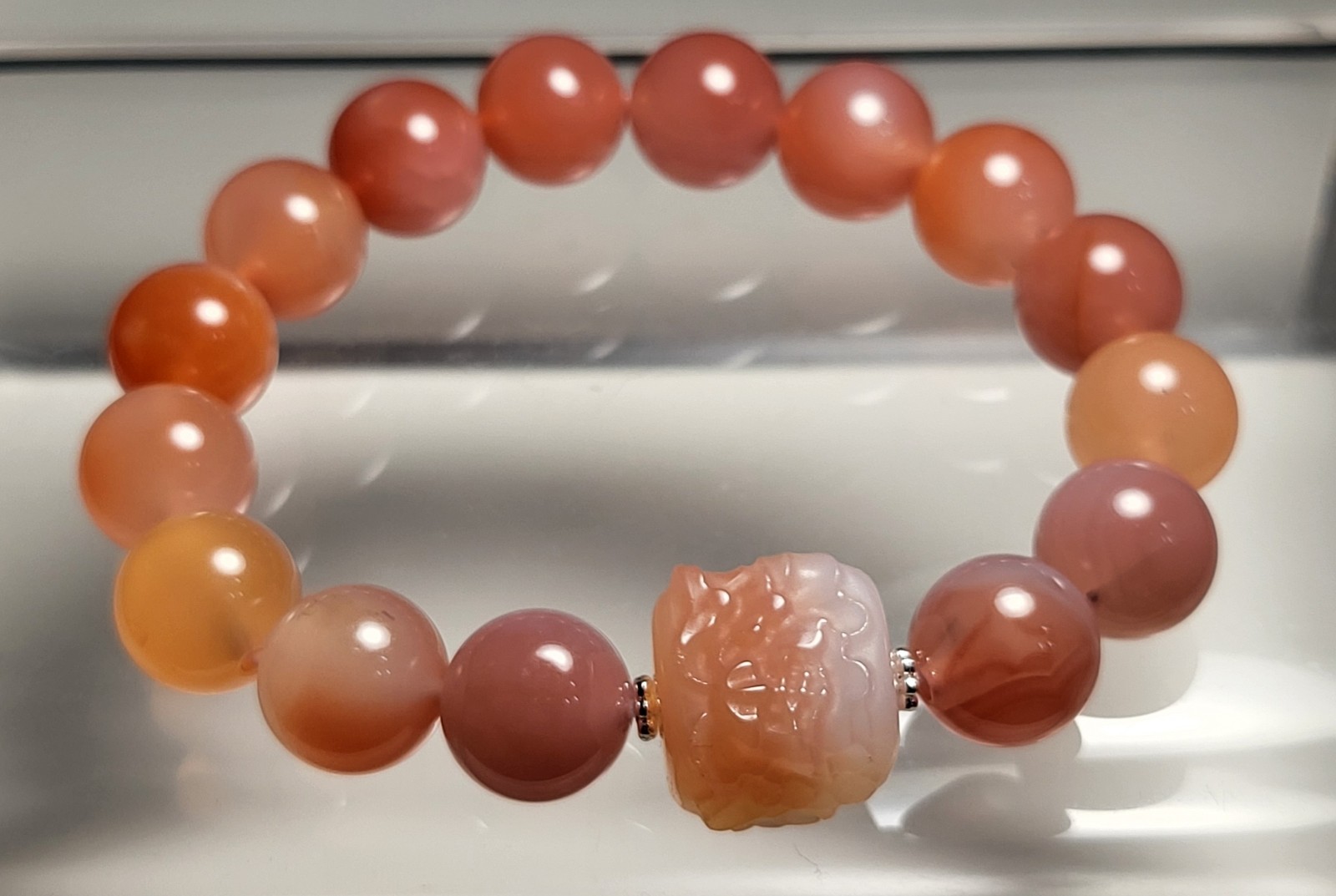 Stunning 12mm Plus Yanyuan Agate Bracelet with Center Carved Flower Bead